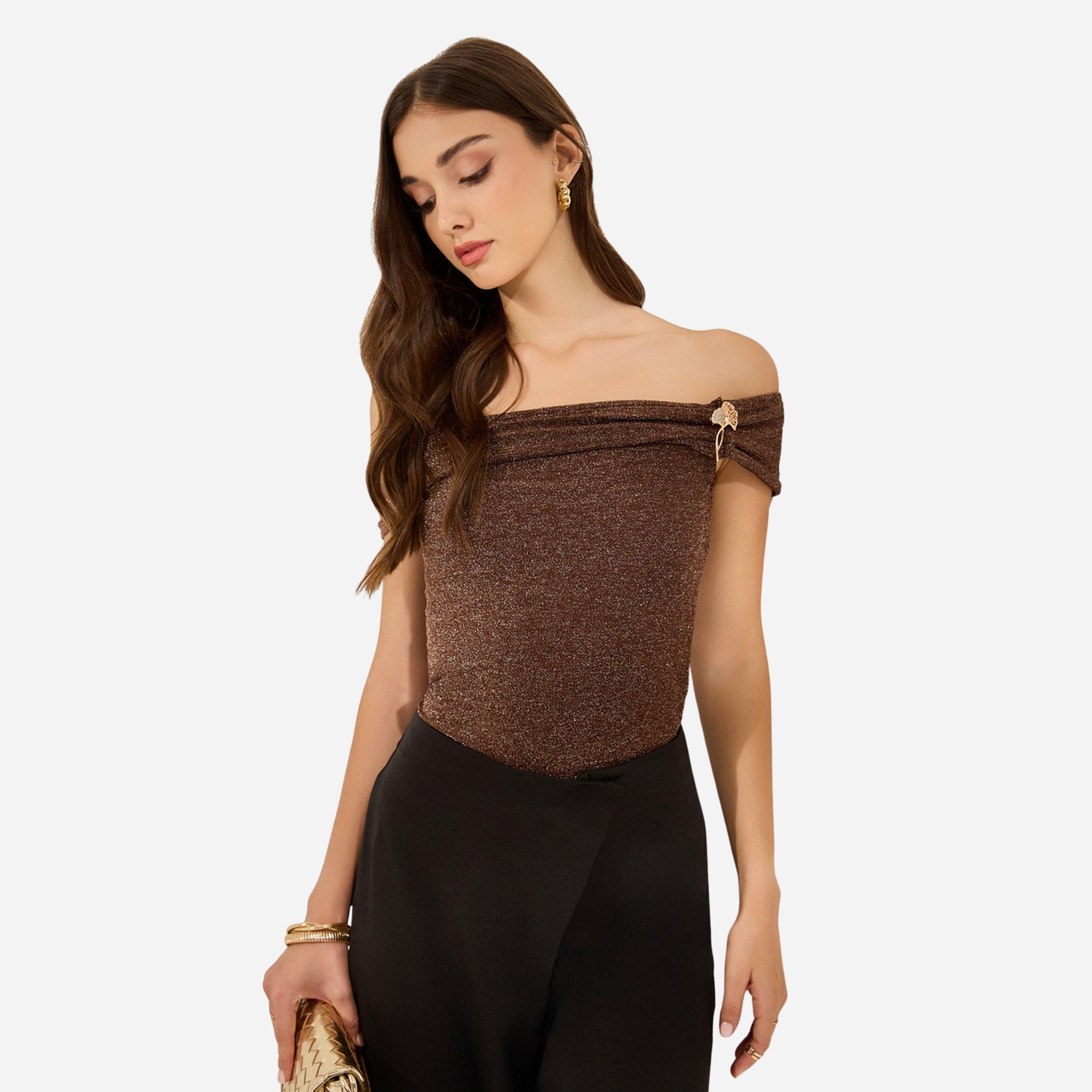 Styli Brown Shimmer Off-Shoulder Top-women-clothing-shirtsandblouses-blouses-image-1