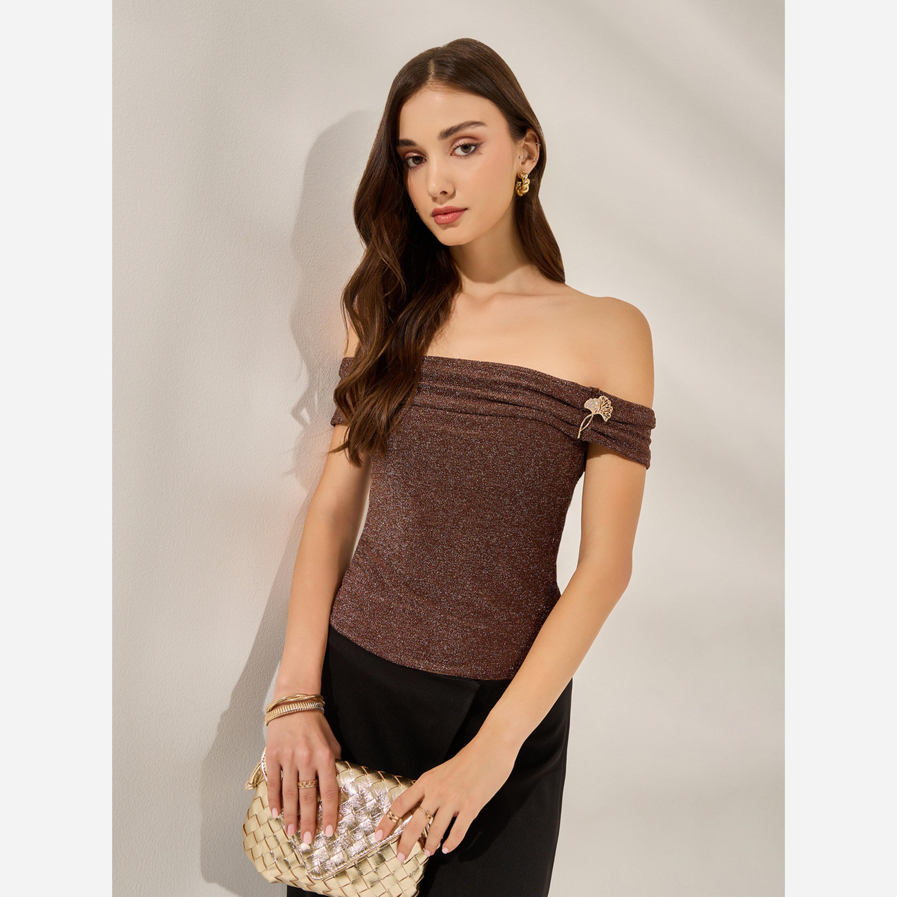 Styli Brown Shimmer Off-Shoulder Top-women-clothing-shirtsandblouses-blouses-image-2