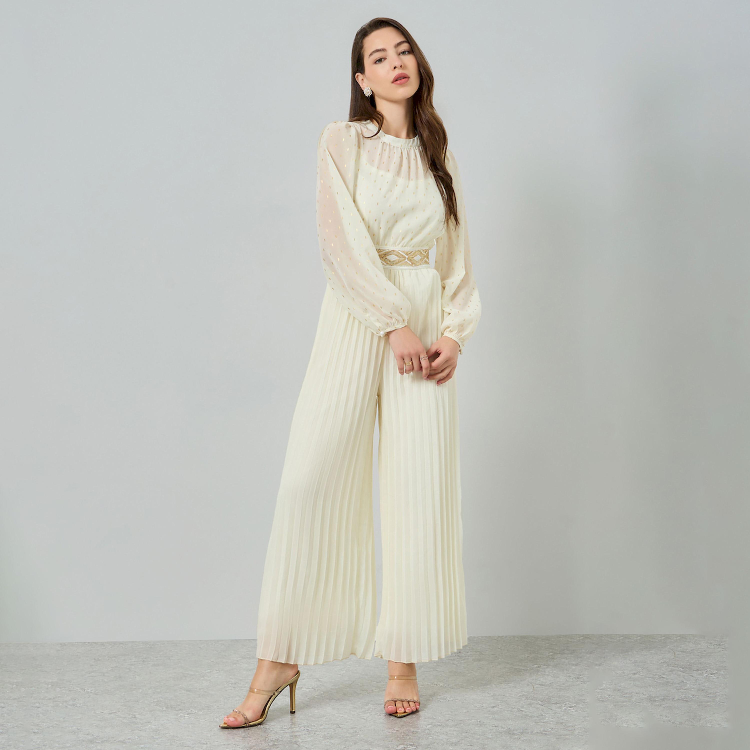 Styli Cream Wide Leg Pleated Jumpsuit with Lurex Detail-women-clothing-jumpsuits-image-1
