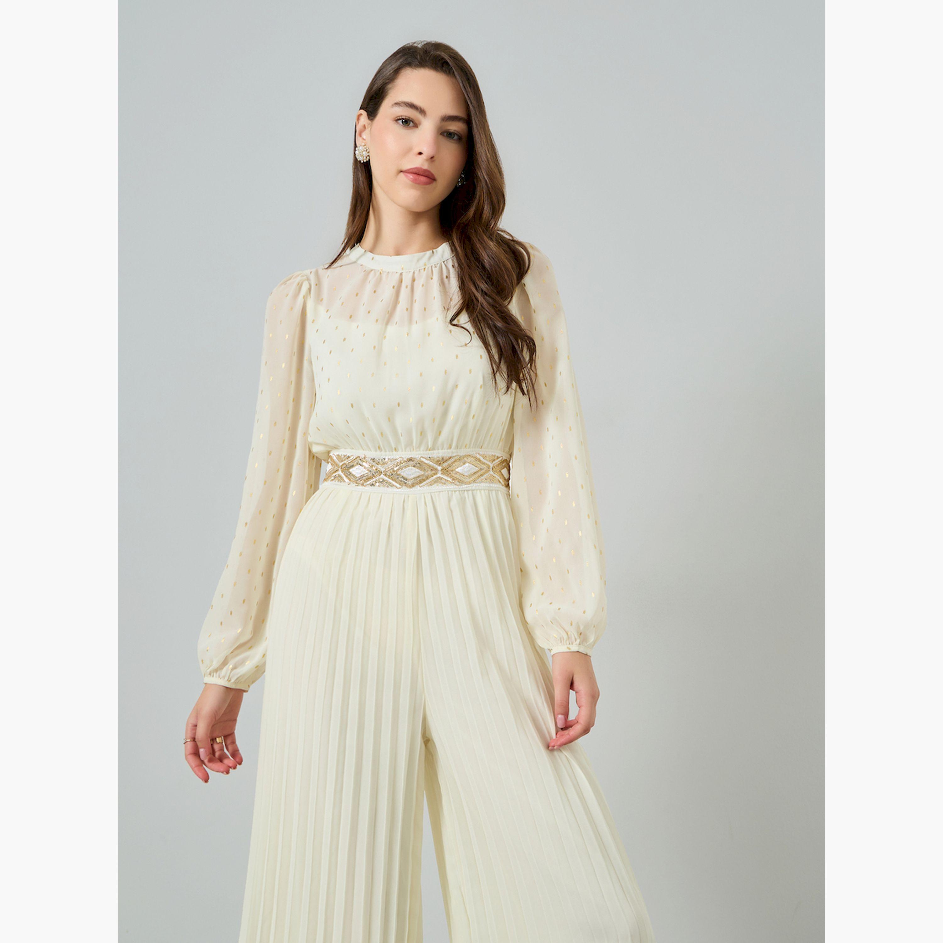 Styli Cream Wide Leg Pleated Jumpsuit with Lurex Detail-women-clothing-jumpsuits-image-2