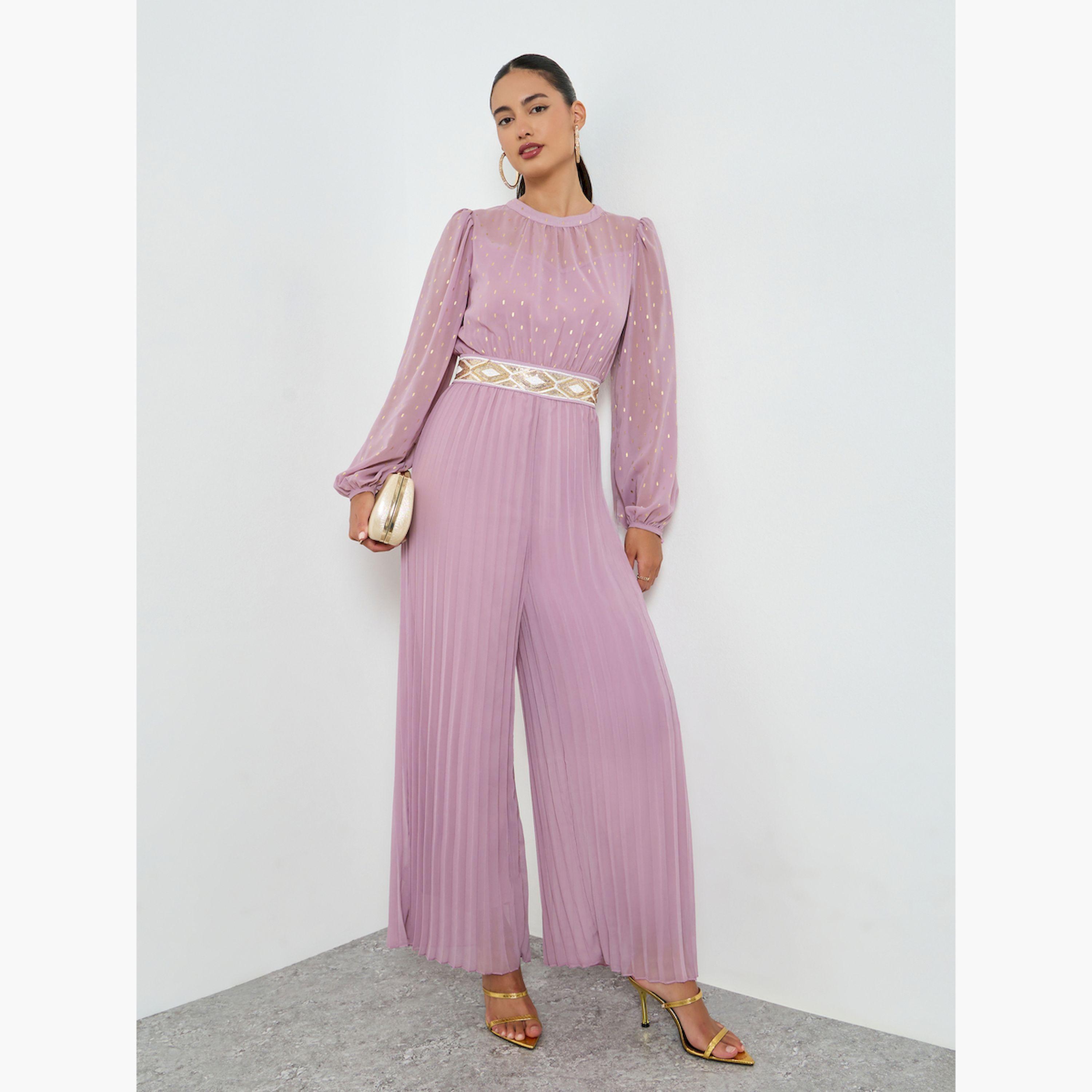 Styli Lilac Wide Leg Pleated Jumpsuit with Lurex Detail-women-clothing-jumpsuits-image-1