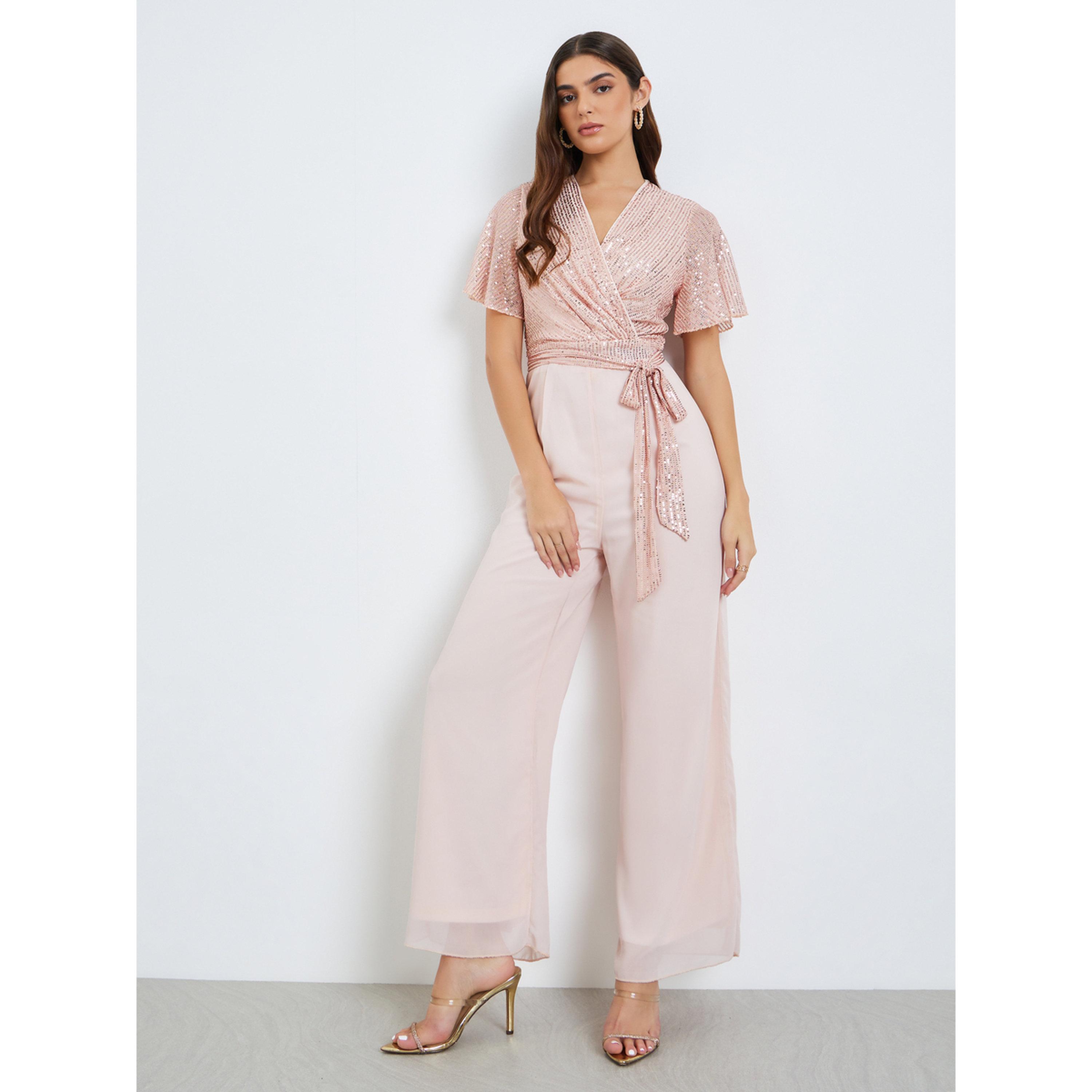 Styli Women Pink Sequin Wrap Front Jumpsuit-women-clothing-jumpsuits-image-1