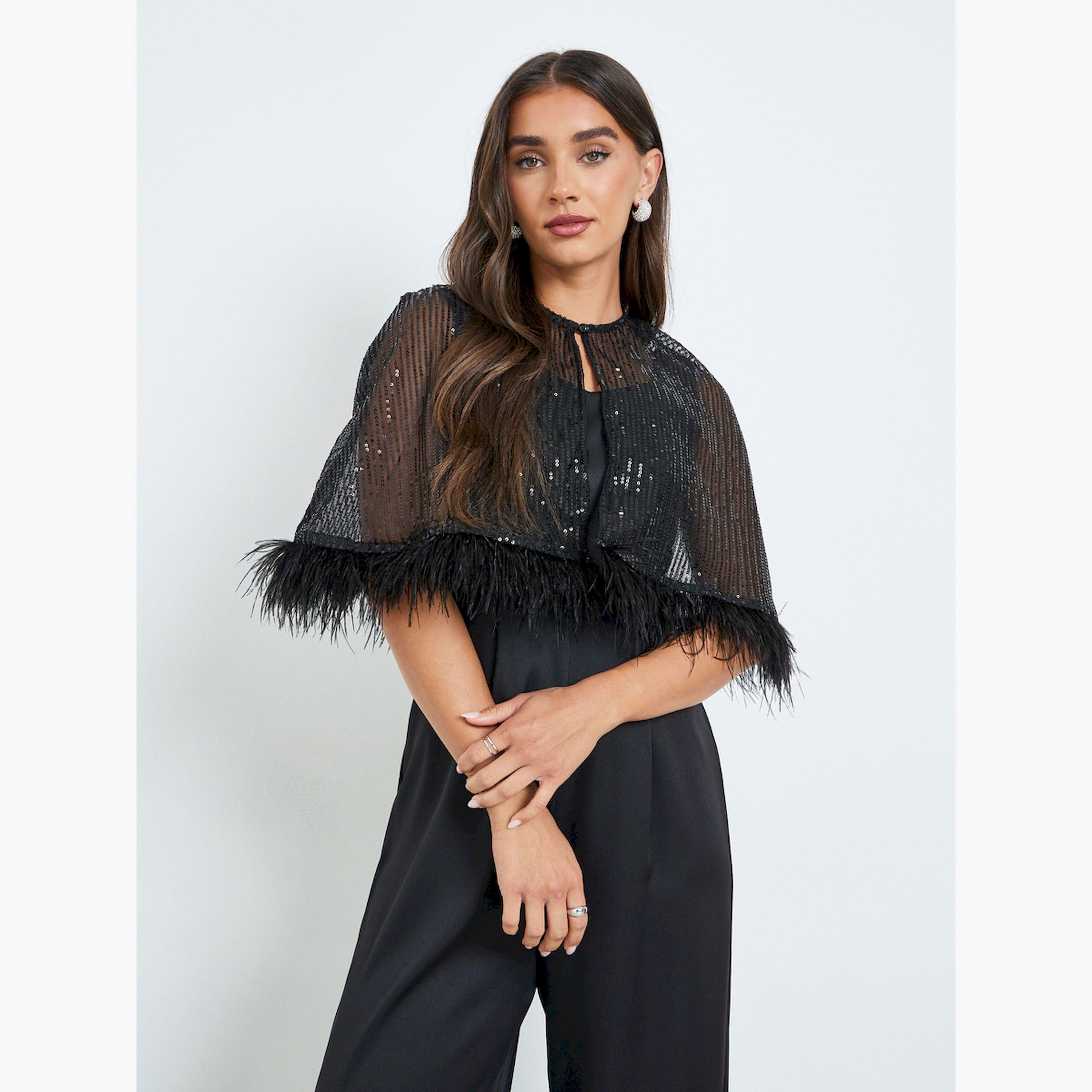 Styli Black Wide Leg Jumpsuit with Sequined Cape-women-clothing-jumpsuits-image-2