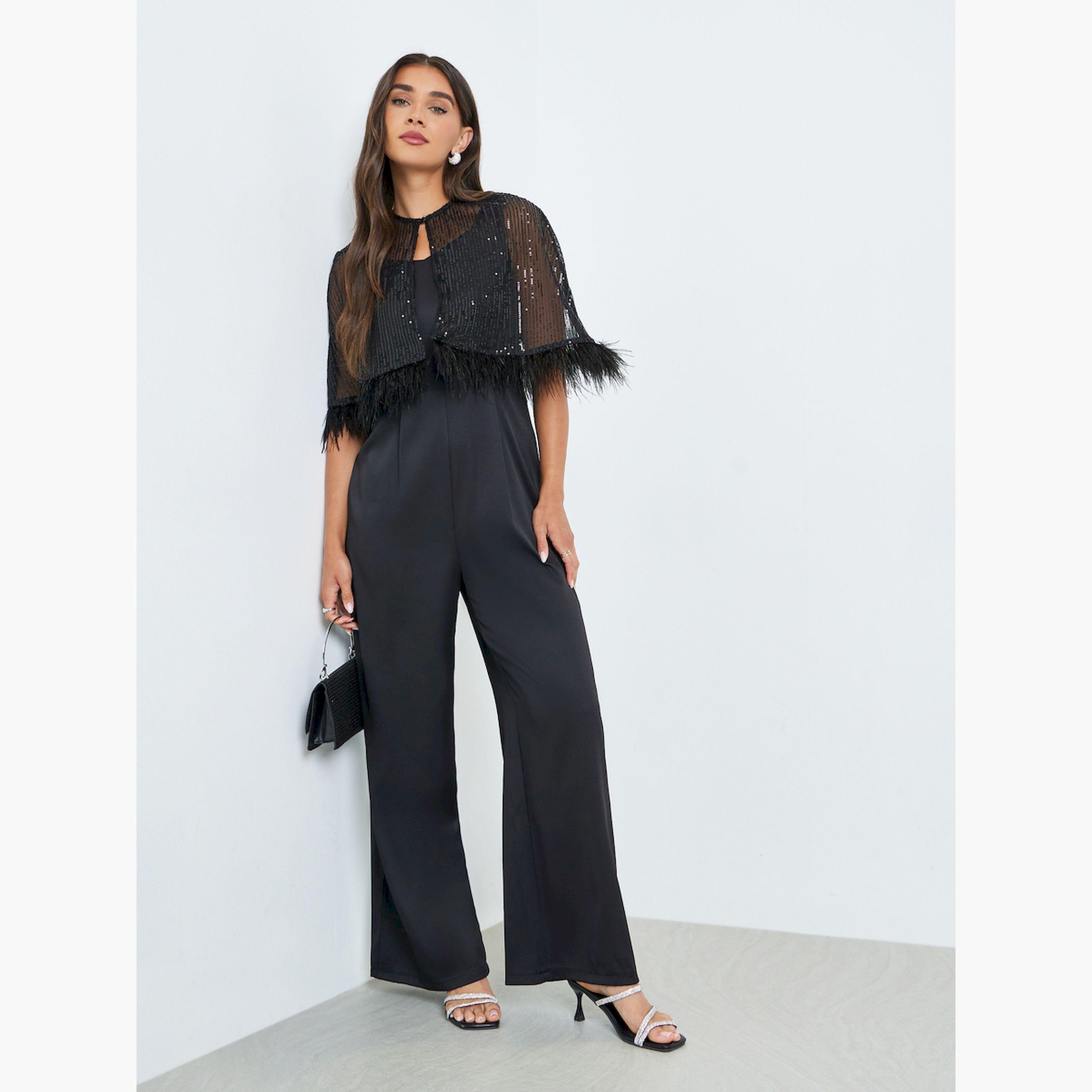 Styli Black Wide Leg Jumpsuit with Sequined Cape-women-clothing-jumpsuits-image-3