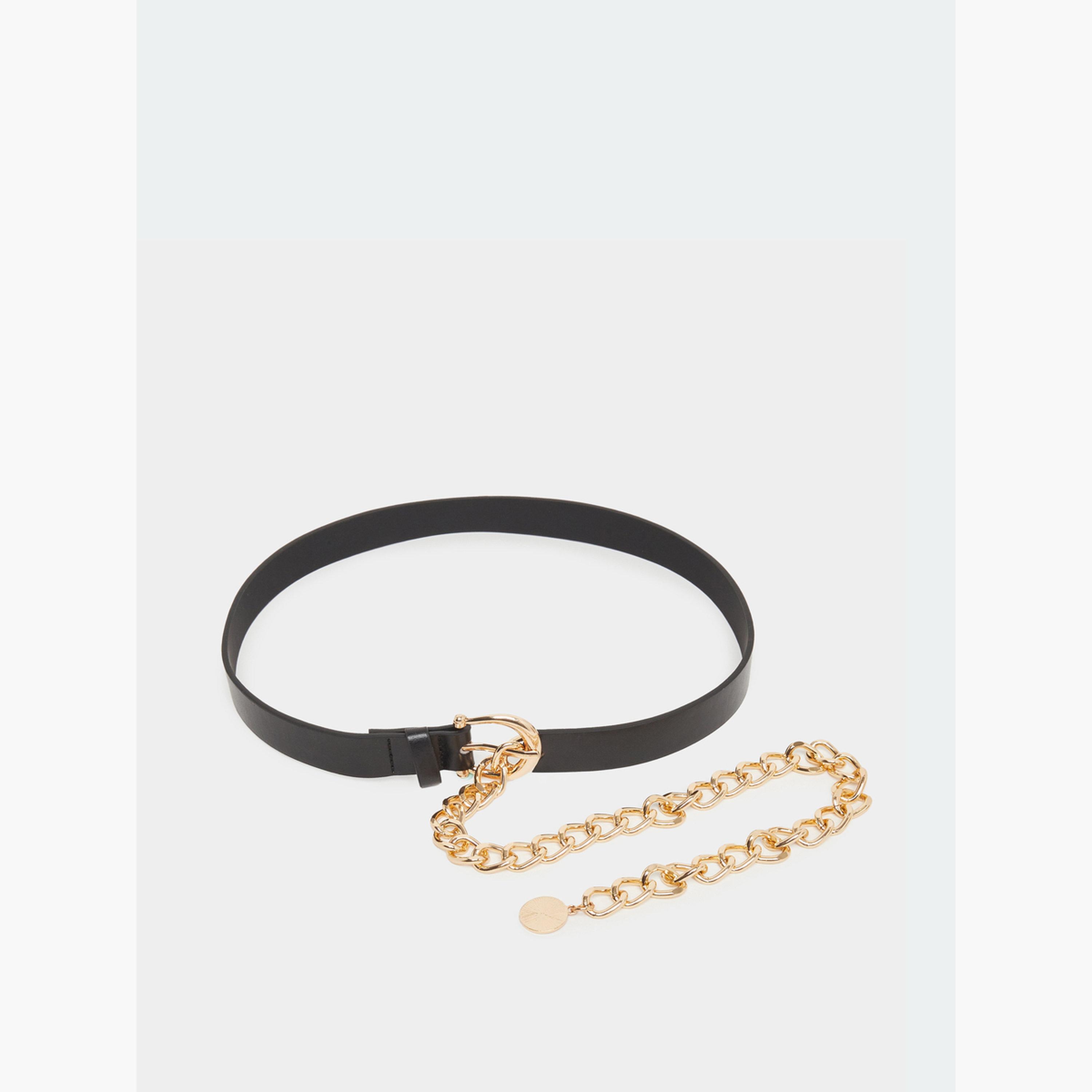 Styli Black Faux Leather Belt with Chain Detail-women-clothingaccessories-belts-image-1