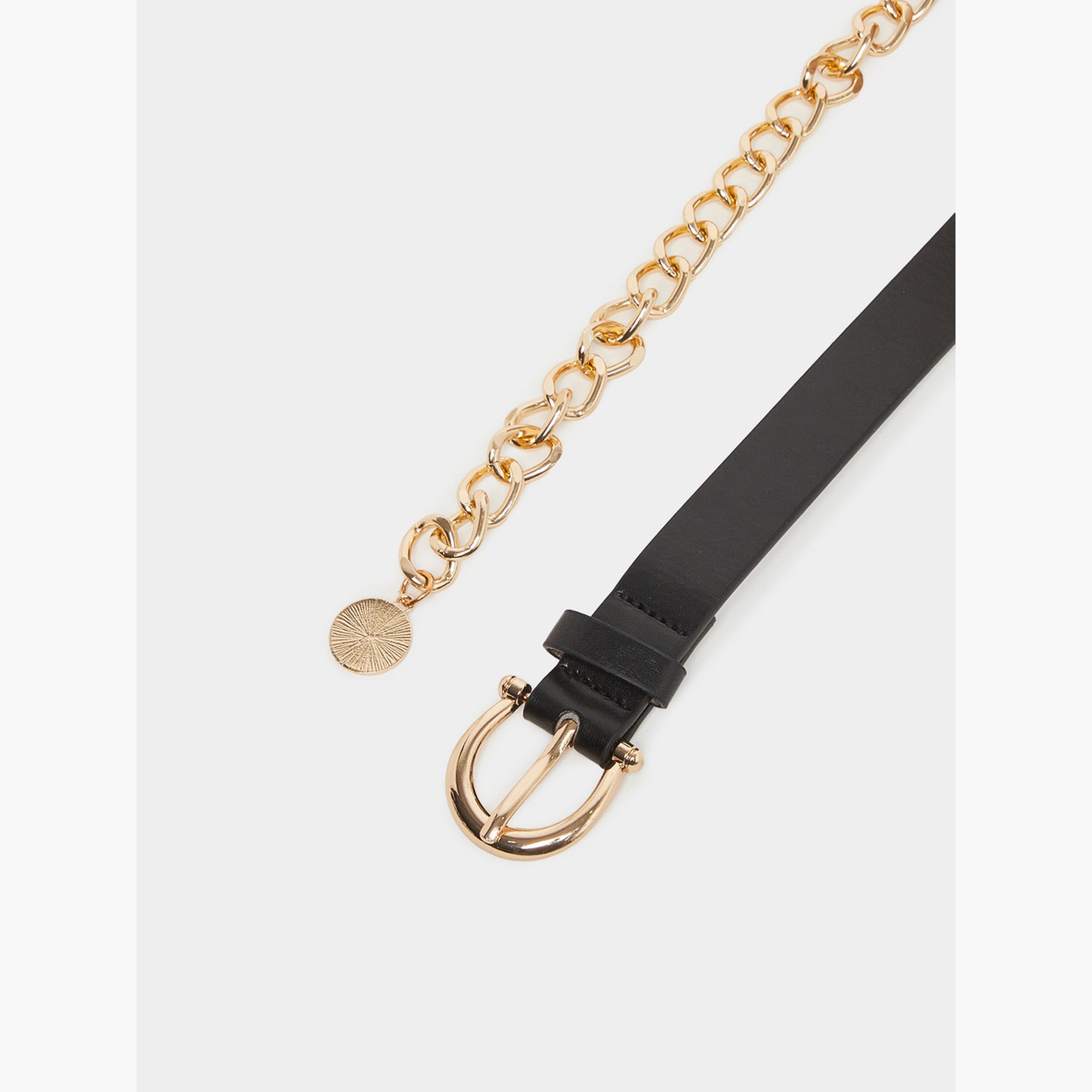 Styli Black Faux Leather Belt with Chain Detail-women-clothingaccessories-belts-image-3