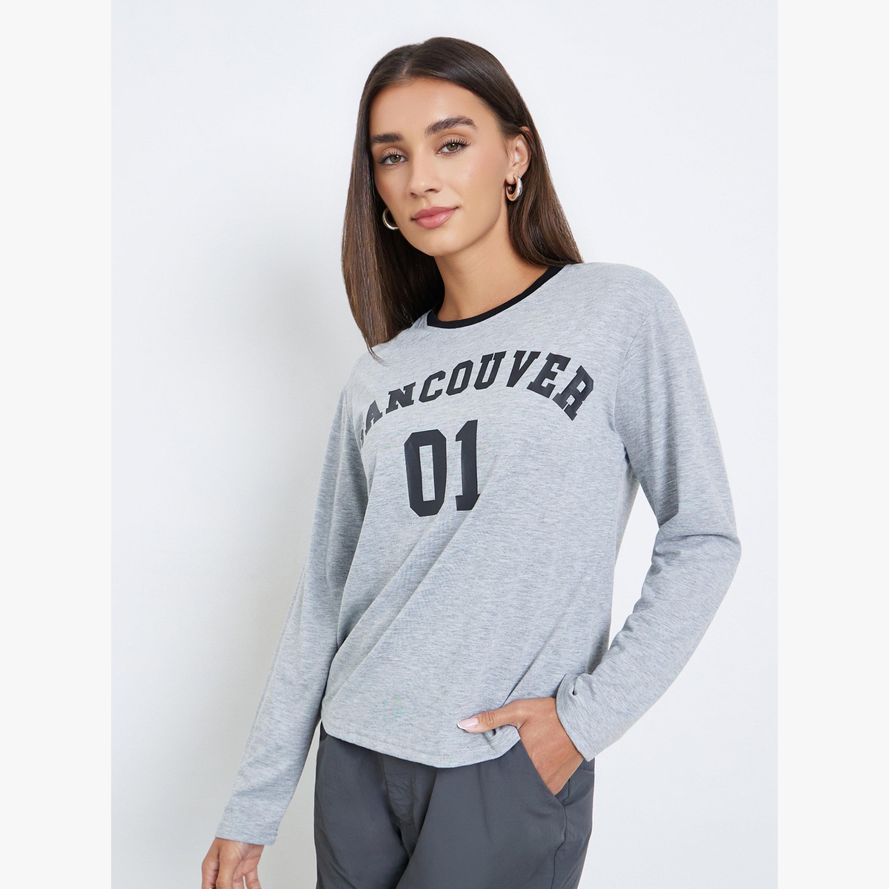 Styli Grey Slogan Print Long Sleeve T-Shirt-women-clothing-tshirts-image-1
