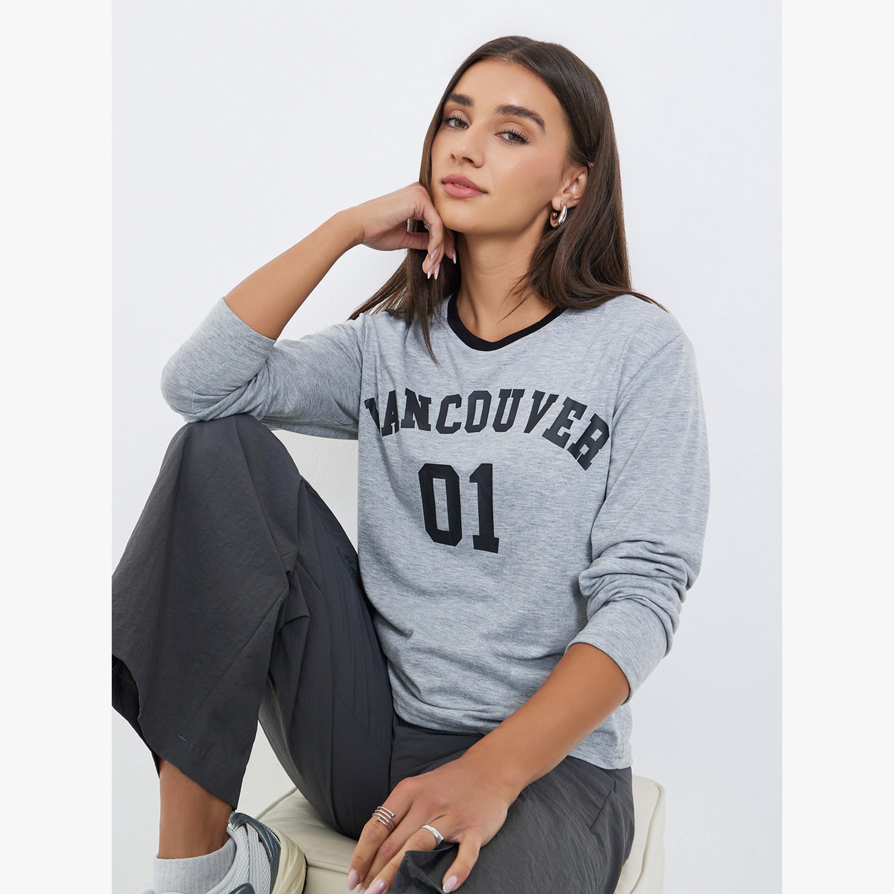 Styli Grey Slogan Print Long Sleeve T-Shirt-women-clothing-tshirts-image-3