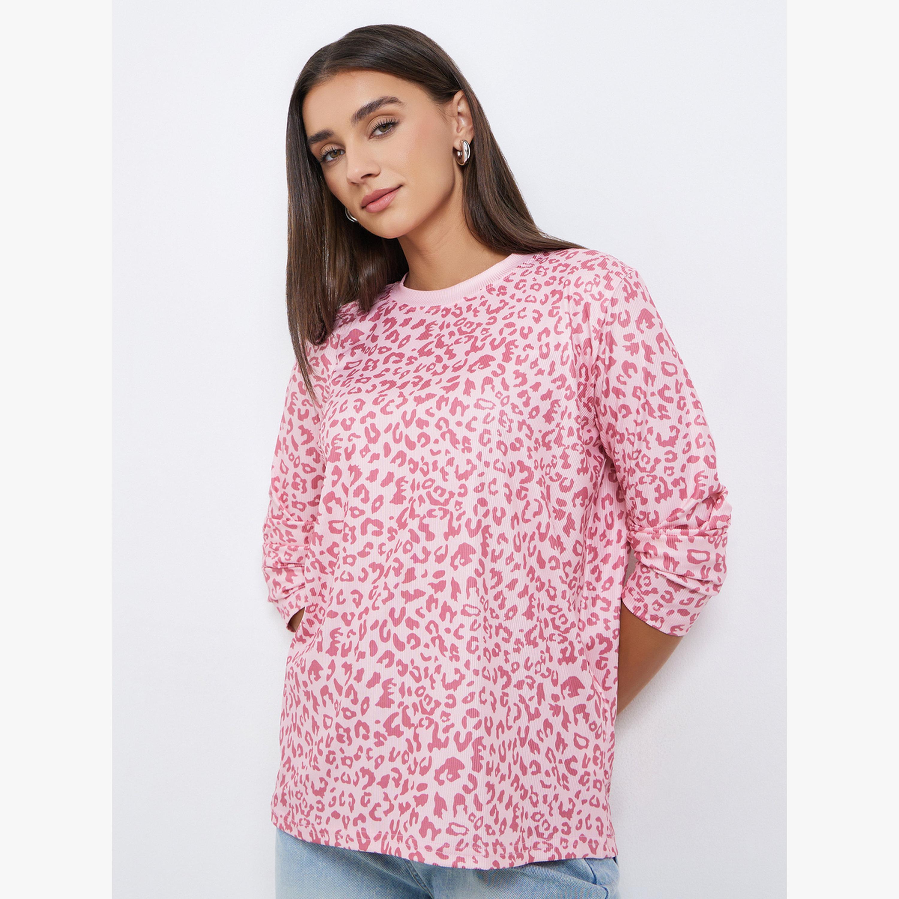 Styli Pink Leopard Print Long Sleeve T-Shirt-women-clothing-tshirts-image-1
