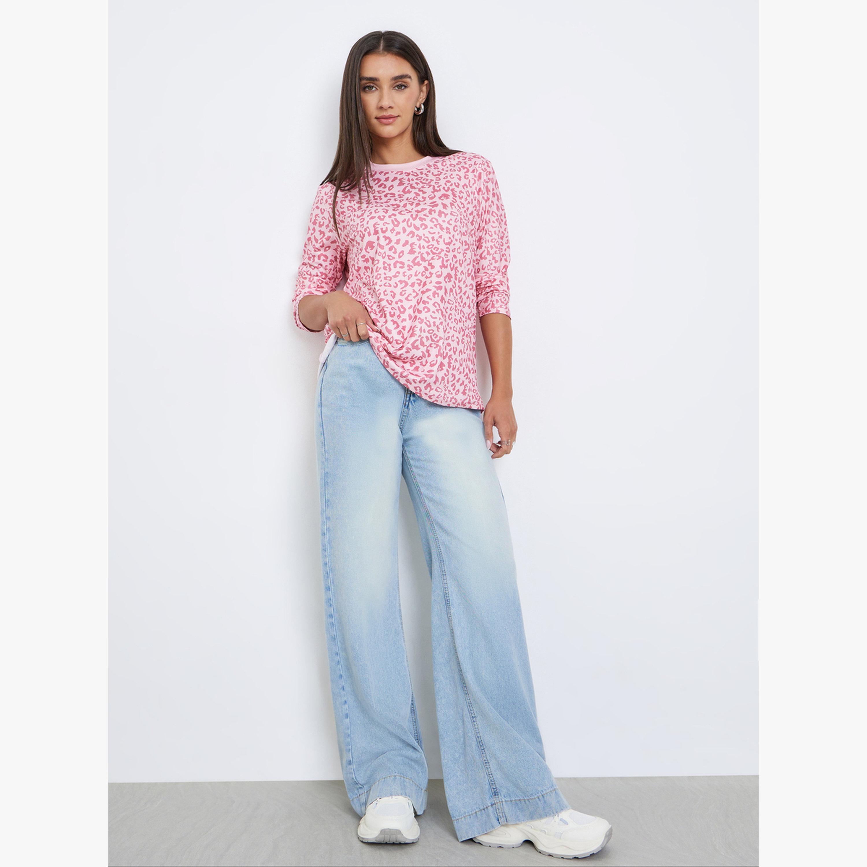Styli Pink Leopard Print Long Sleeve T-Shirt-women-clothing-tshirts-image-2