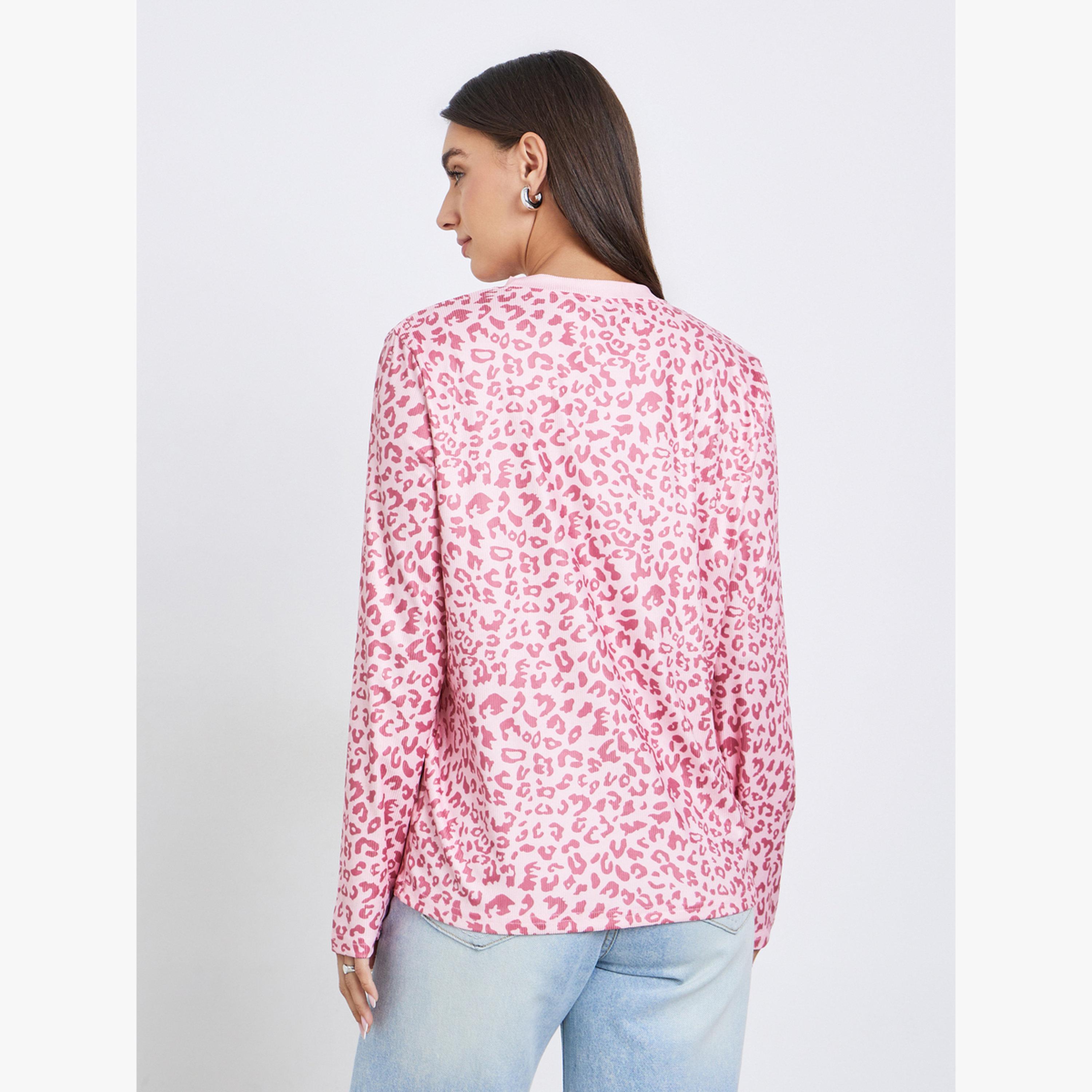 Styli Pink Leopard Print Long Sleeve T-Shirt-women-clothing-tshirts-image-4