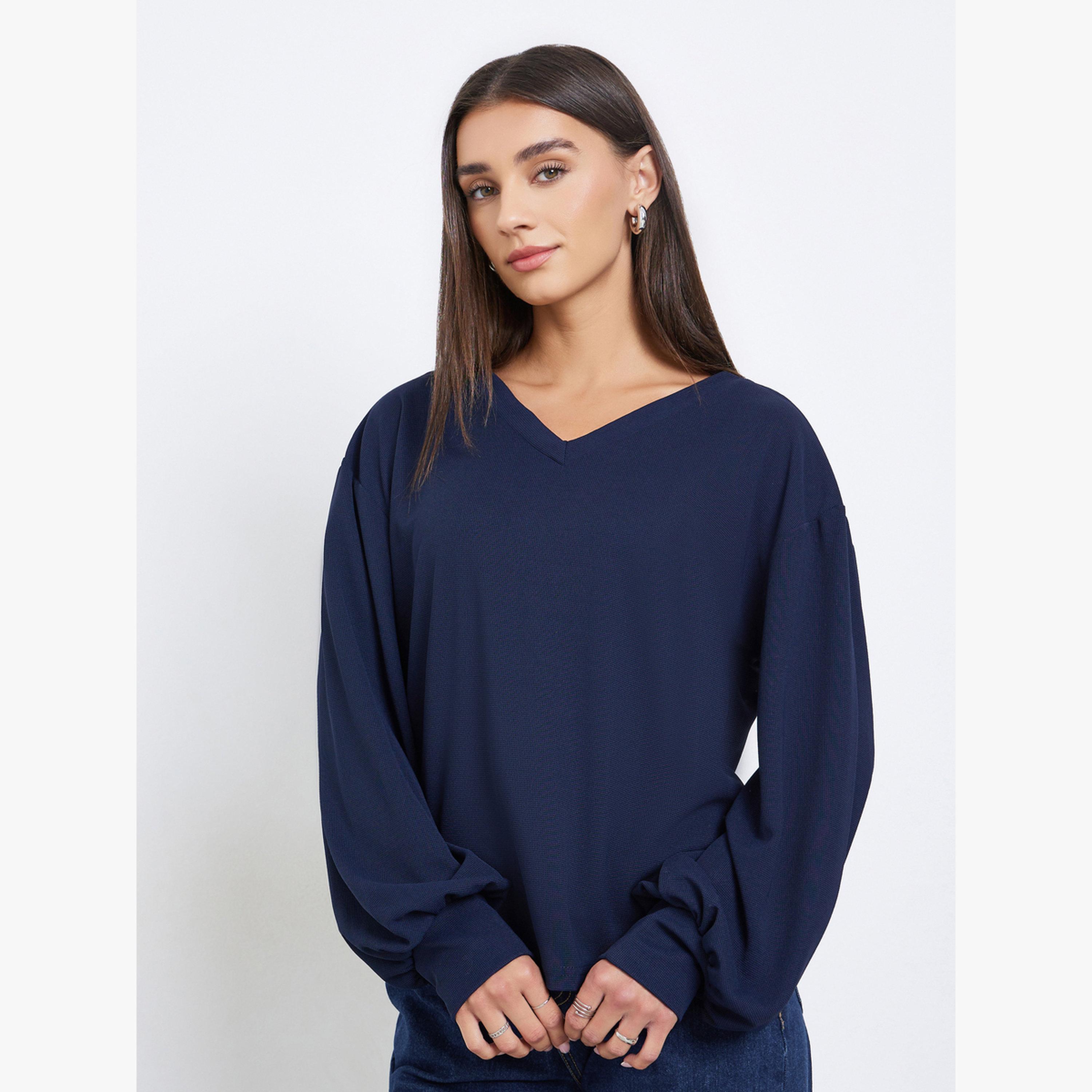 Styli Navy Blue V-Neck Balloon Sleeve T-Shirt-women-clothing-tshirts-image-1