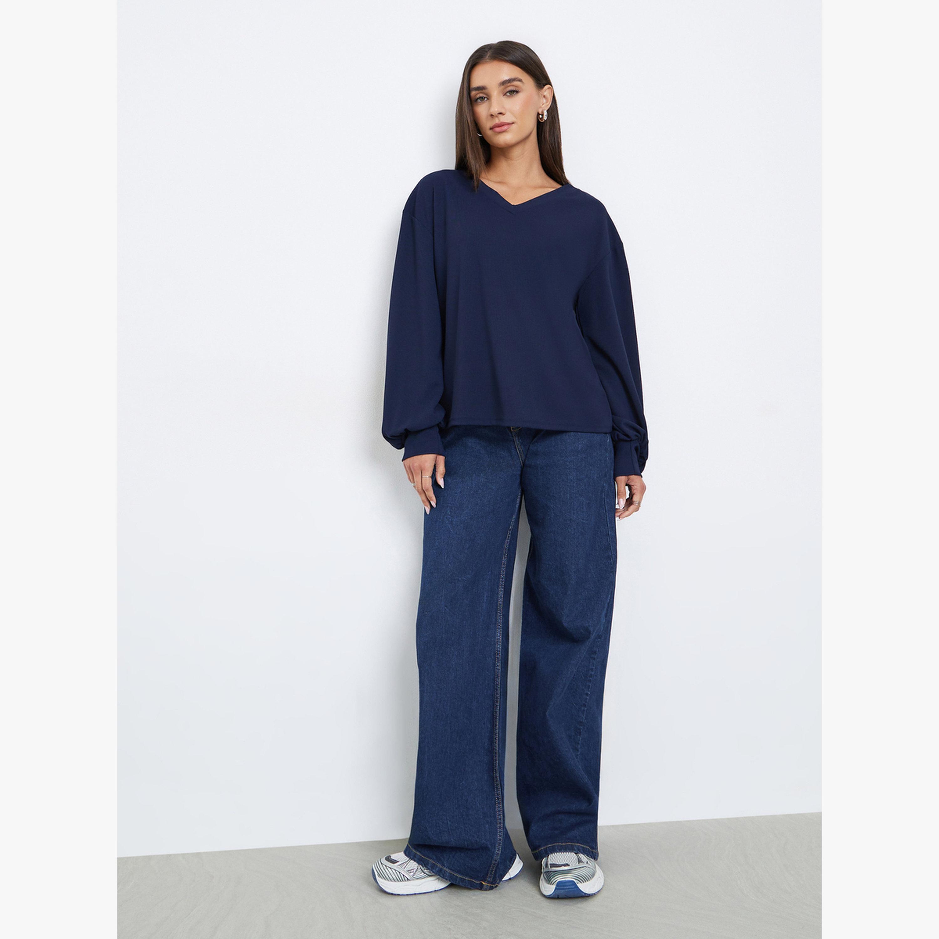 Styli Navy Blue V-Neck Balloon Sleeve T-Shirt-women-clothing-tshirts-image-2