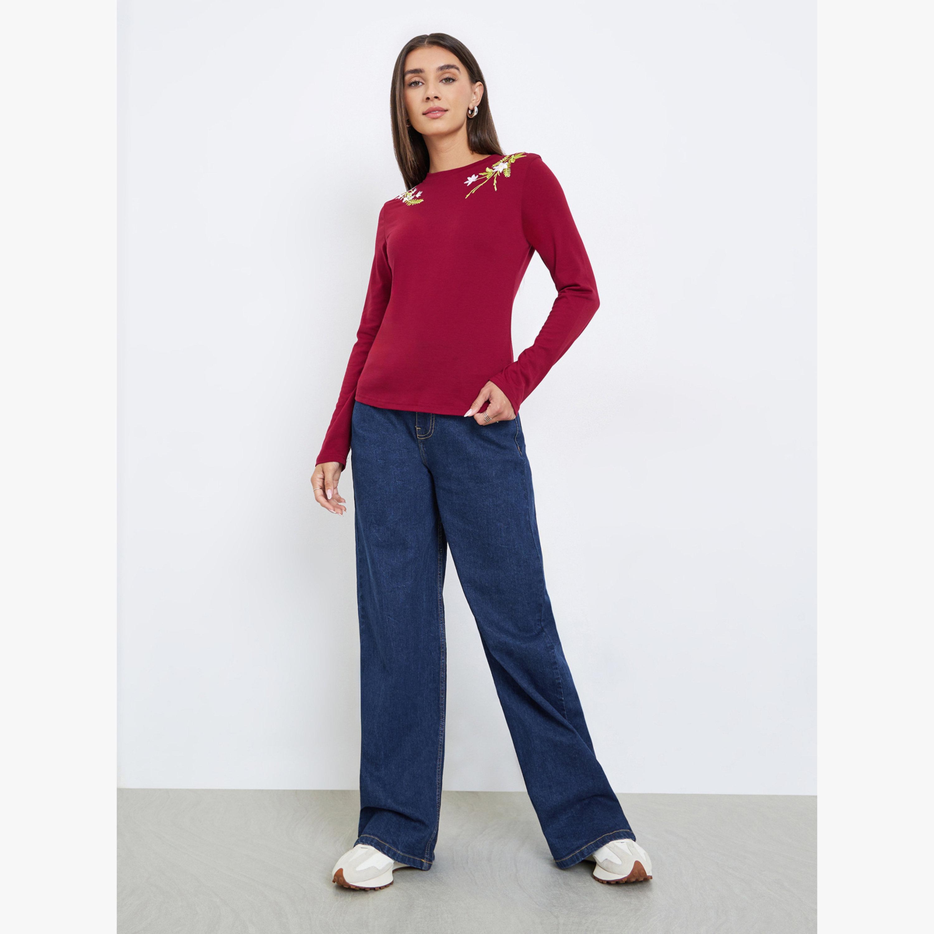 Styli Burgundy Embroidered Floral Long Sleeve T-Shirt-women-clothing-tshirts-image-2