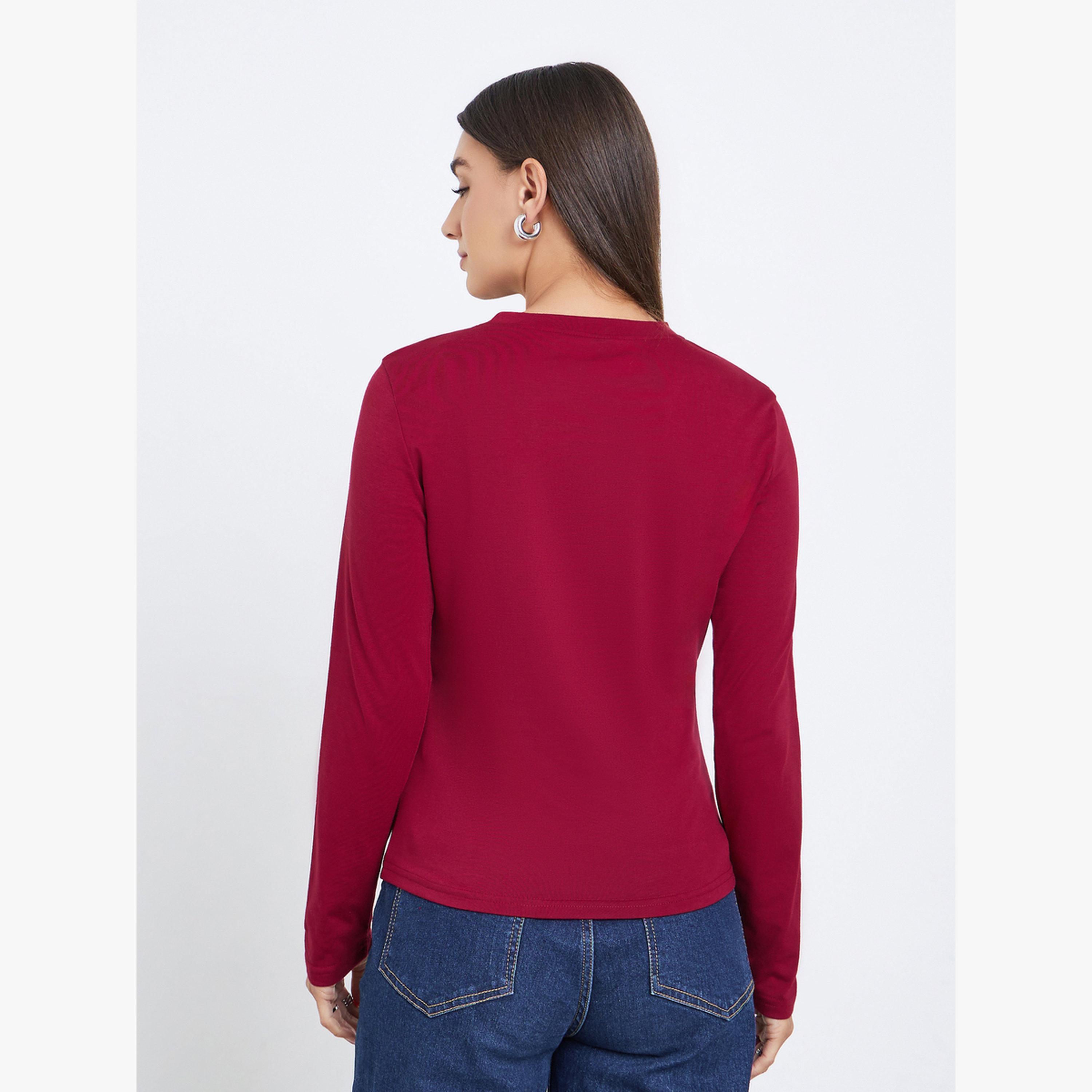 Styli Burgundy Embroidered Floral Long Sleeve T-Shirt-women-clothing-tshirts-image-5