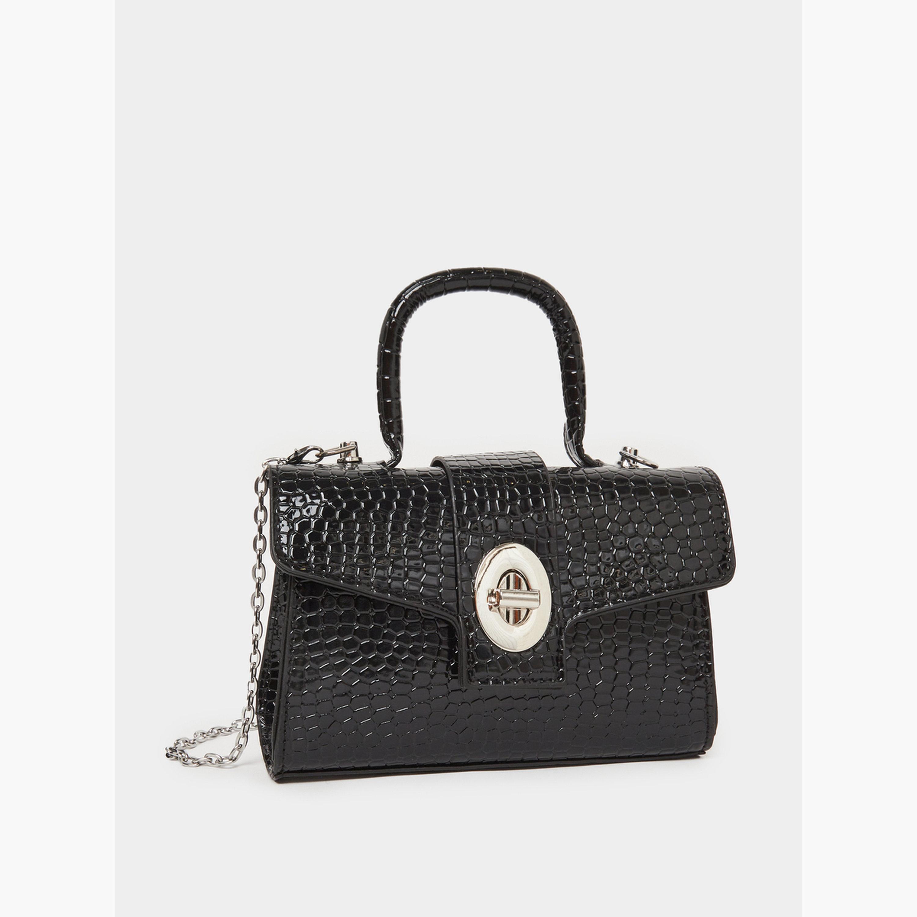 Styli Black Croc-Effect Satchel Bag with Chain-women-bagsandwallets-handbags-image-1