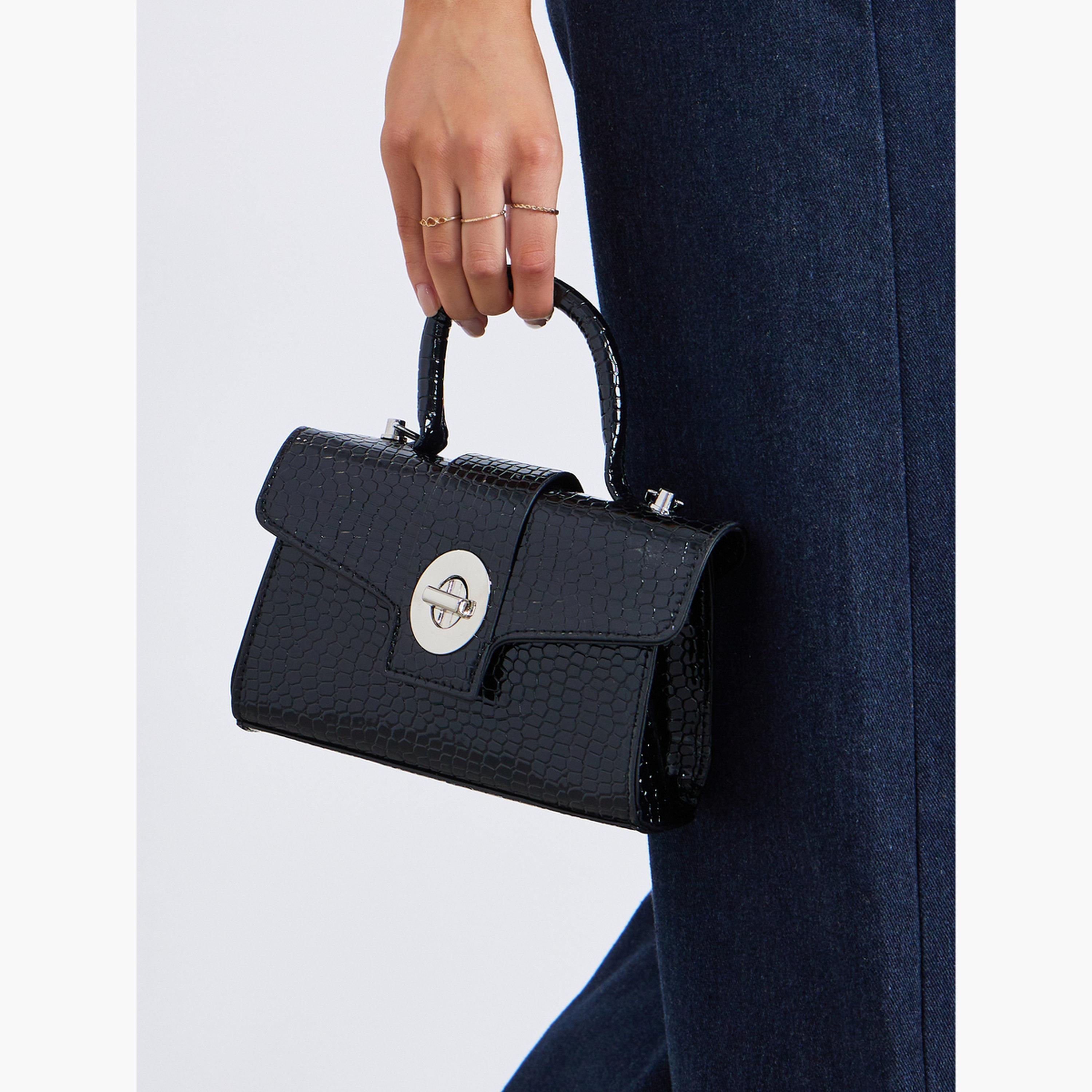 Styli Black Croc-Effect Satchel Bag with Chain-women-bagsandwallets-handbags-image-2