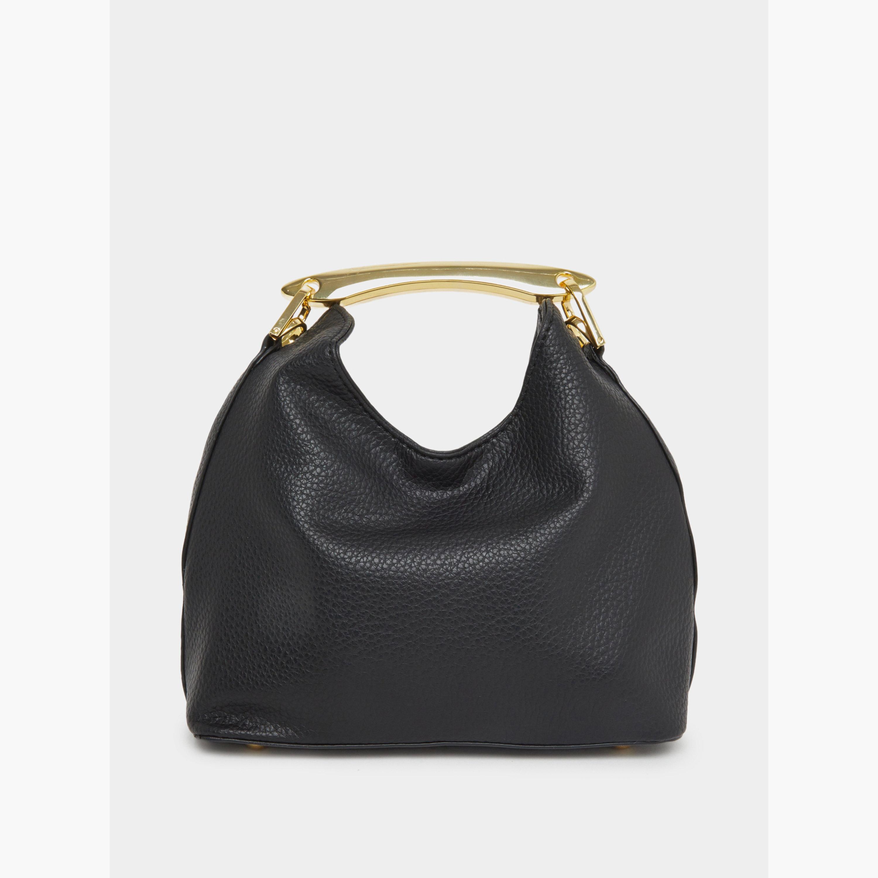 Styli Black Leather Hobo Bag with Gold Handle-women-bagsandwallets-handbags-image-2
