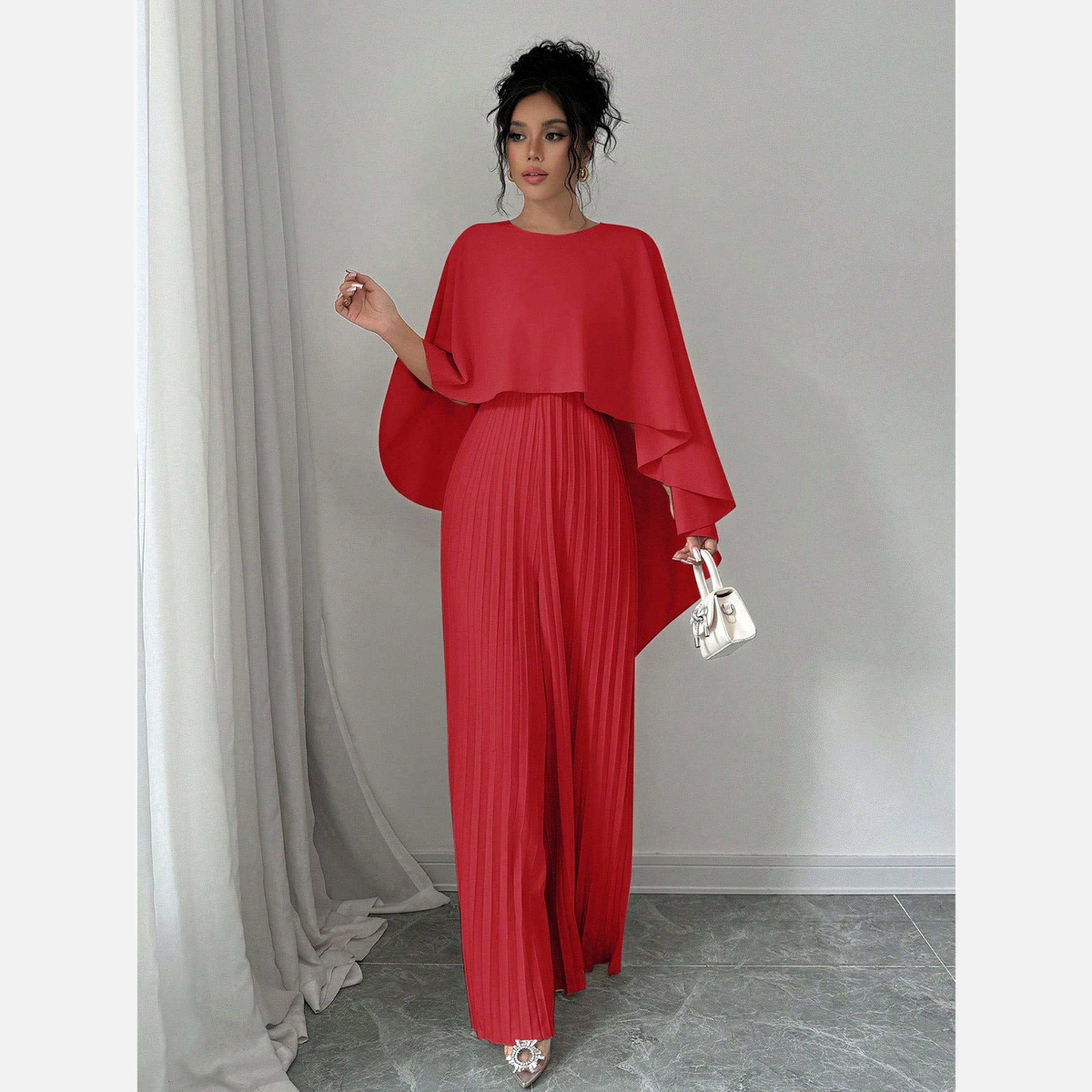 Take Two Women Red Pleated Maxi Dress with Cape Sleeves-women-clothing-jumpsuits-image-1