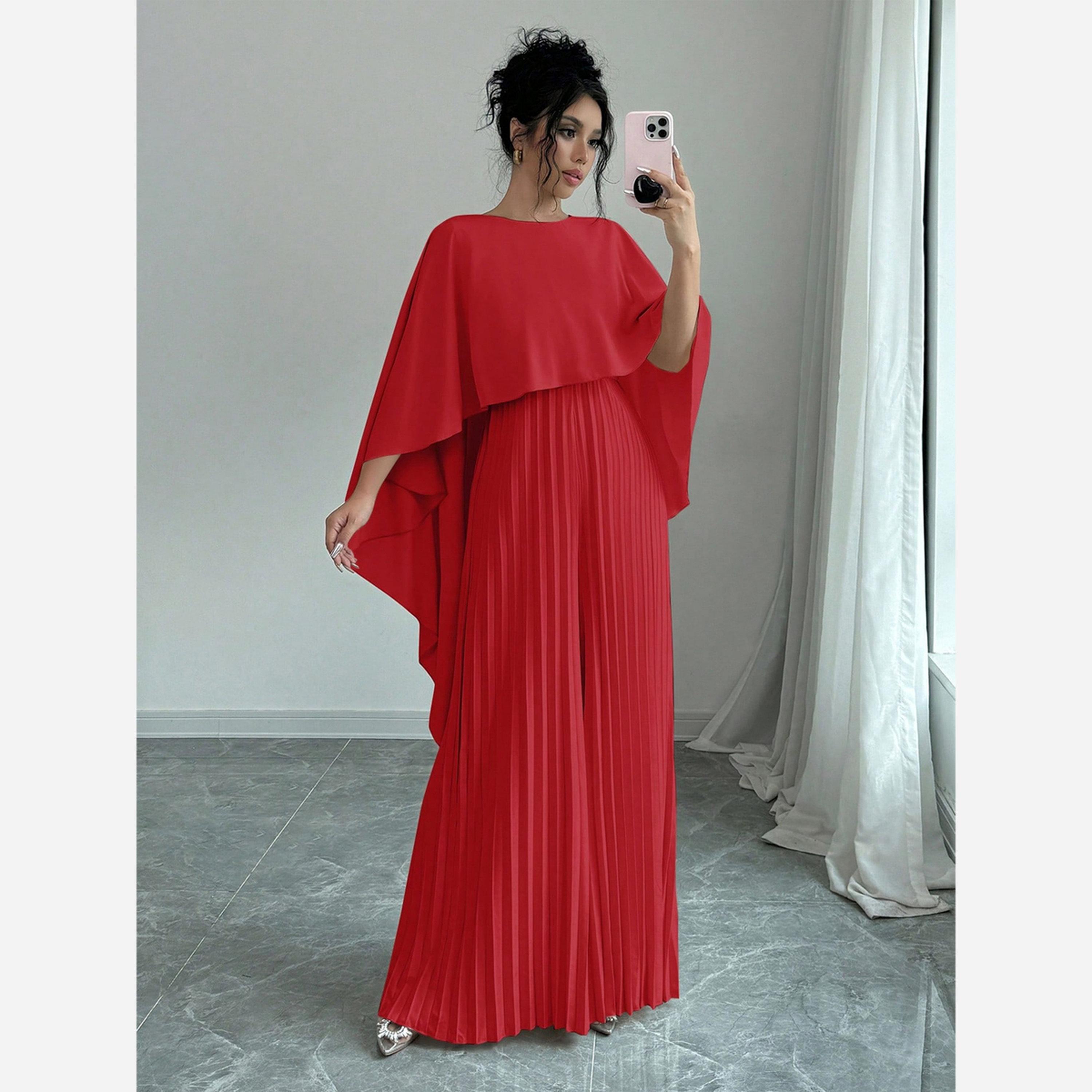 تيك تو - فستان متوسط الطول لون أحمر مطوي أكمام مقاس واسعة للنساء-women-clothing-jumpsuits-image-2