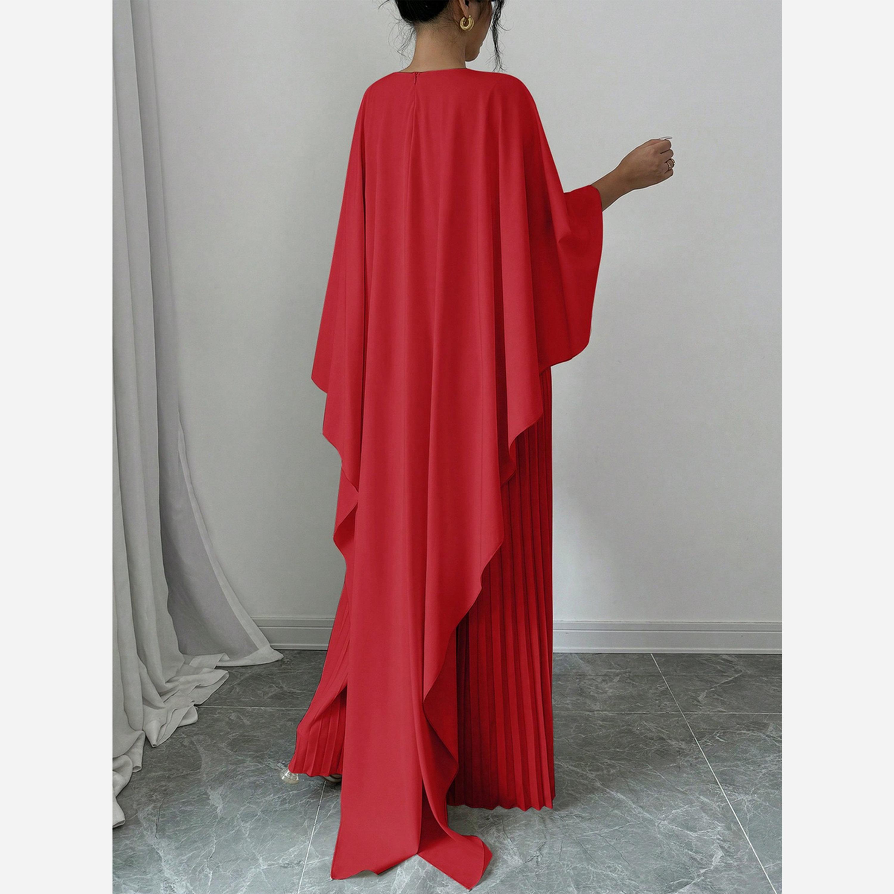 تيك تو - فستان متوسط الطول لون أحمر مطوي أكمام مقاس واسعة للنساء-women-clothing-jumpsuits-image-3
