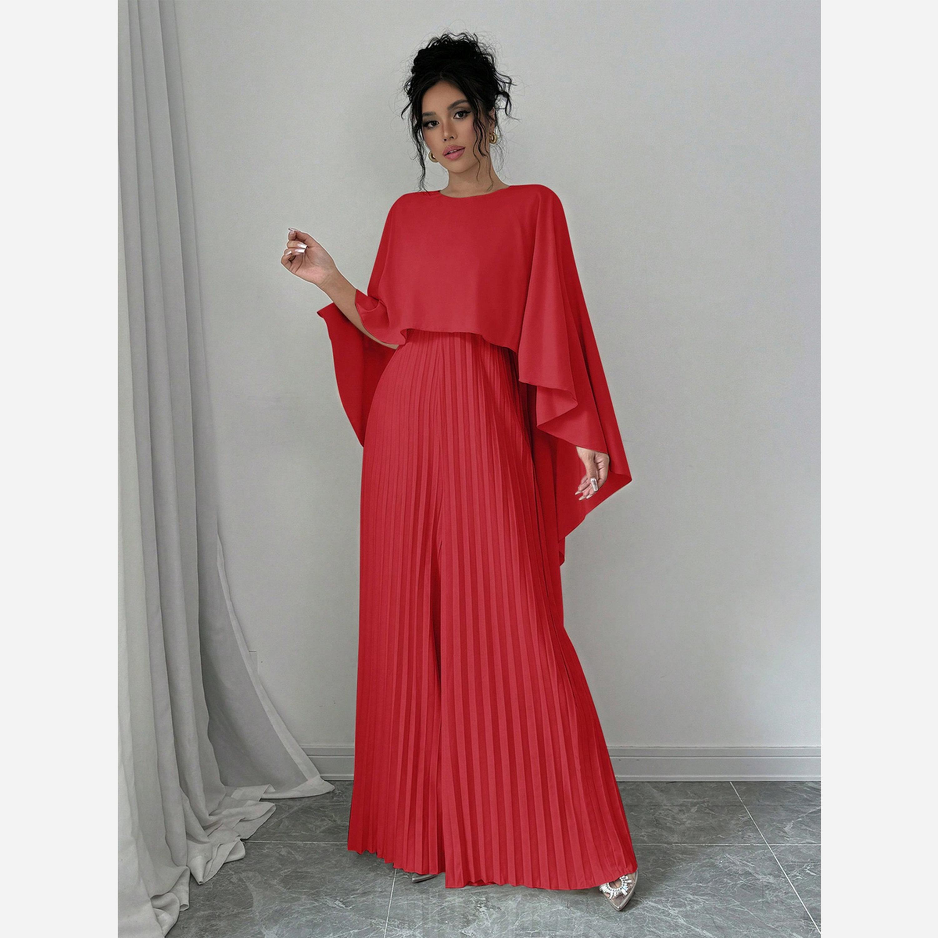 تيك تو - فستان متوسط الطول لون أحمر مطوي أكمام مقاس واسعة للنساء-women-clothing-jumpsuits-image-4