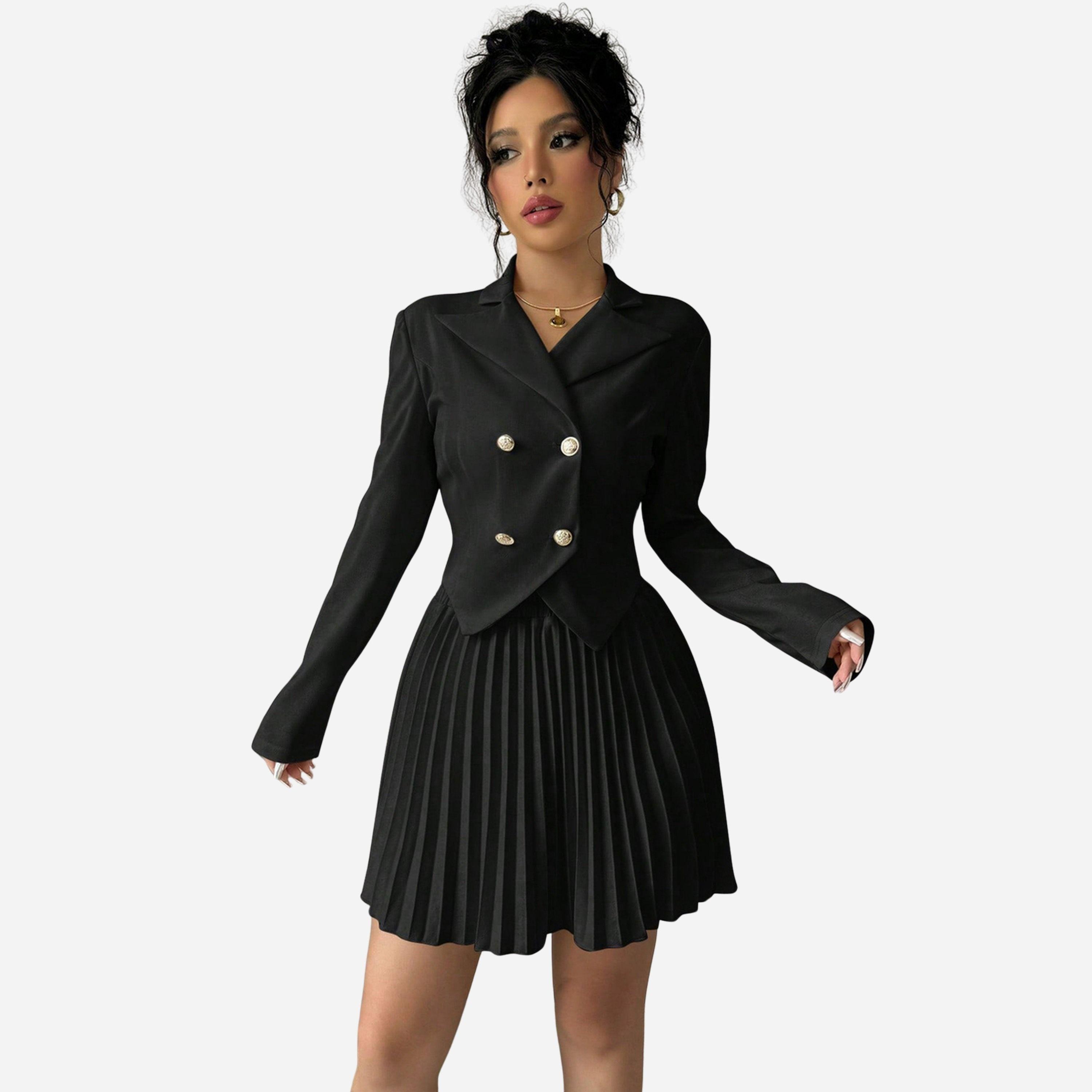 تيك تو - طقم بليزر نسائي ياقة عريضة وتنورة مطوية-women-clothing-coordsets-image-1