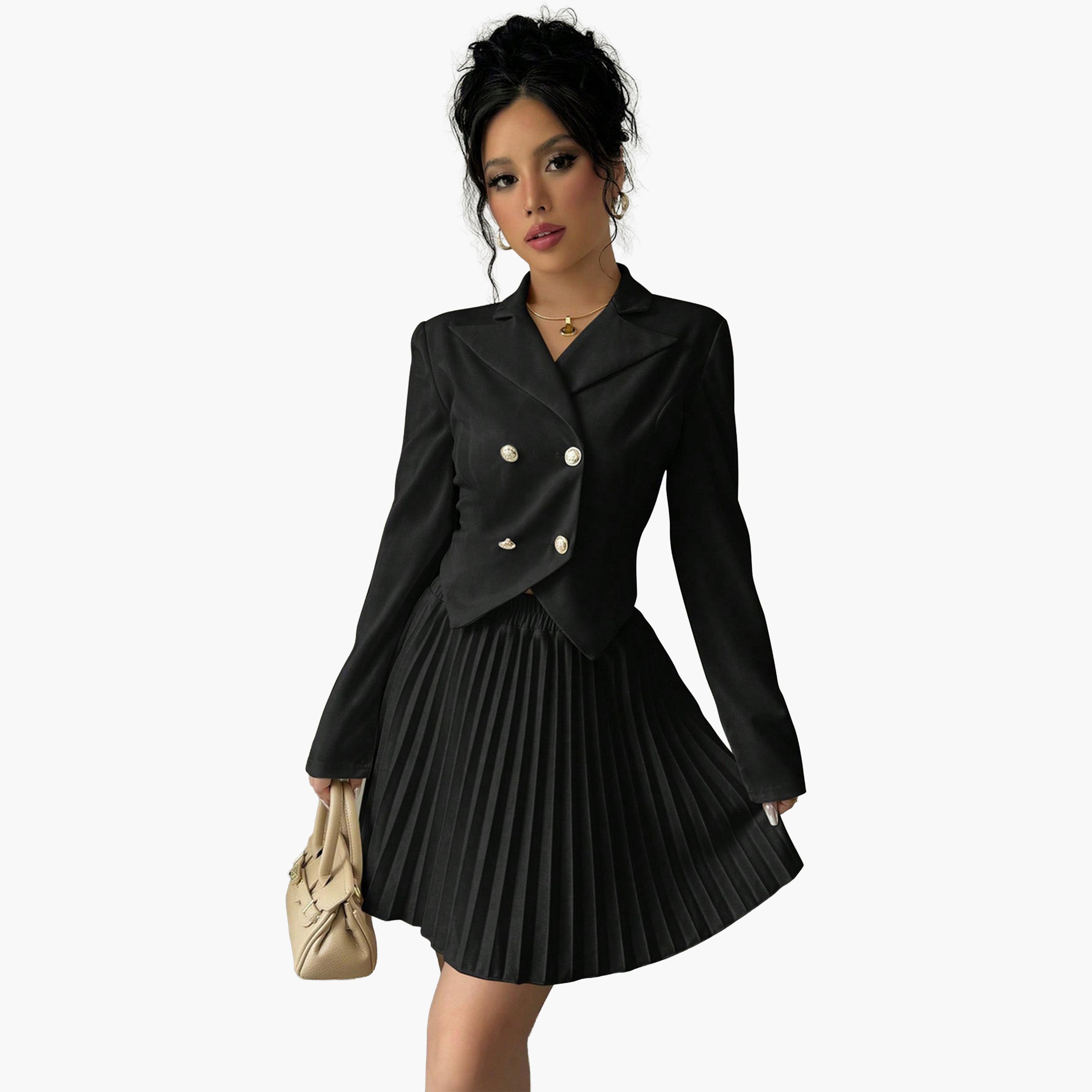 تيك تو - طقم بليزر نسائي ياقة عريضة وتنورة مطوية-women-clothing-coordsets-image-2