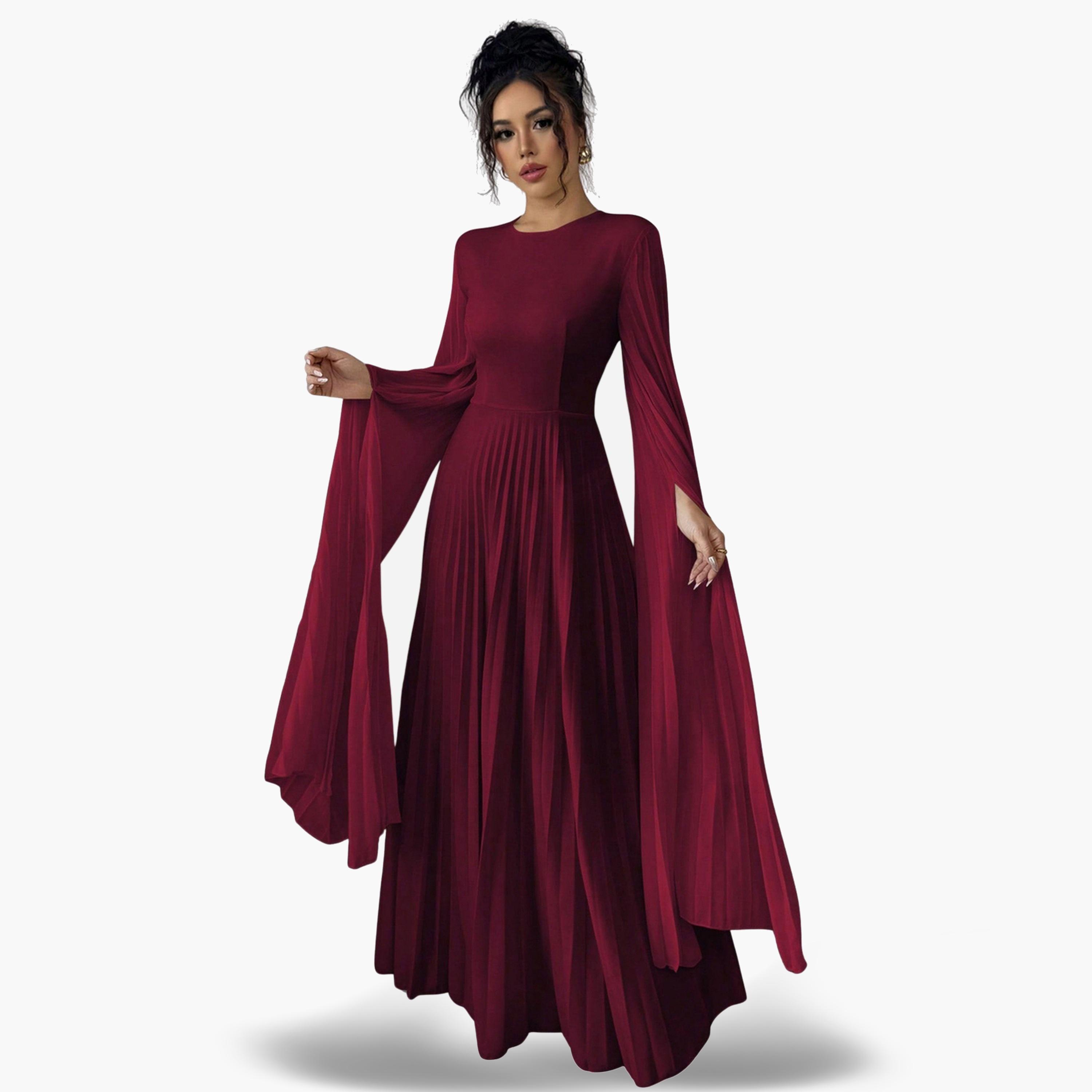 تيك تو - فستان متوسط الطول مطوي لون برغندي للنساء-women-clothing-dresses-image-1