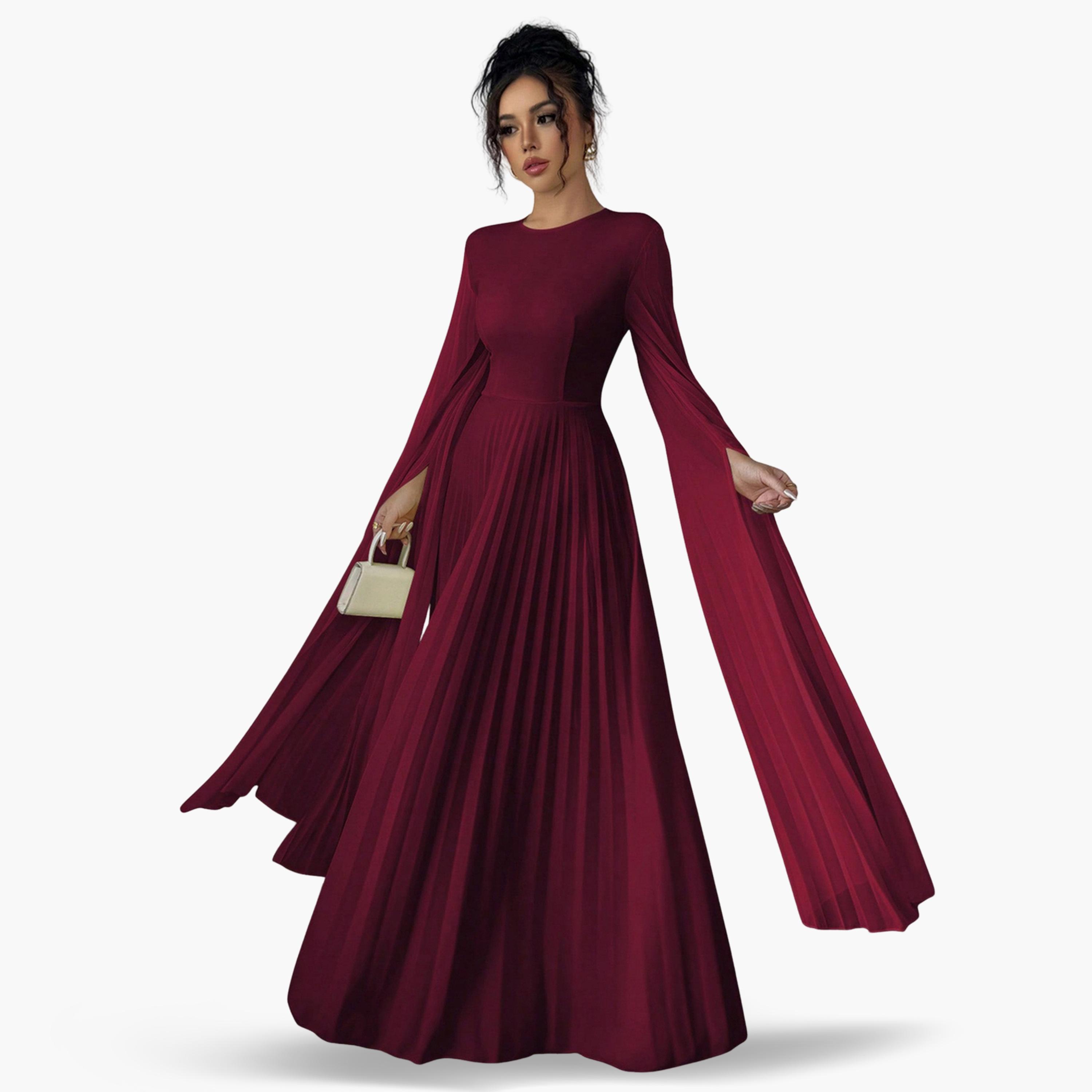 تيك تو - فستان متوسط الطول مطوي لون برغندي للنساء-women-clothing-dresses-image-2