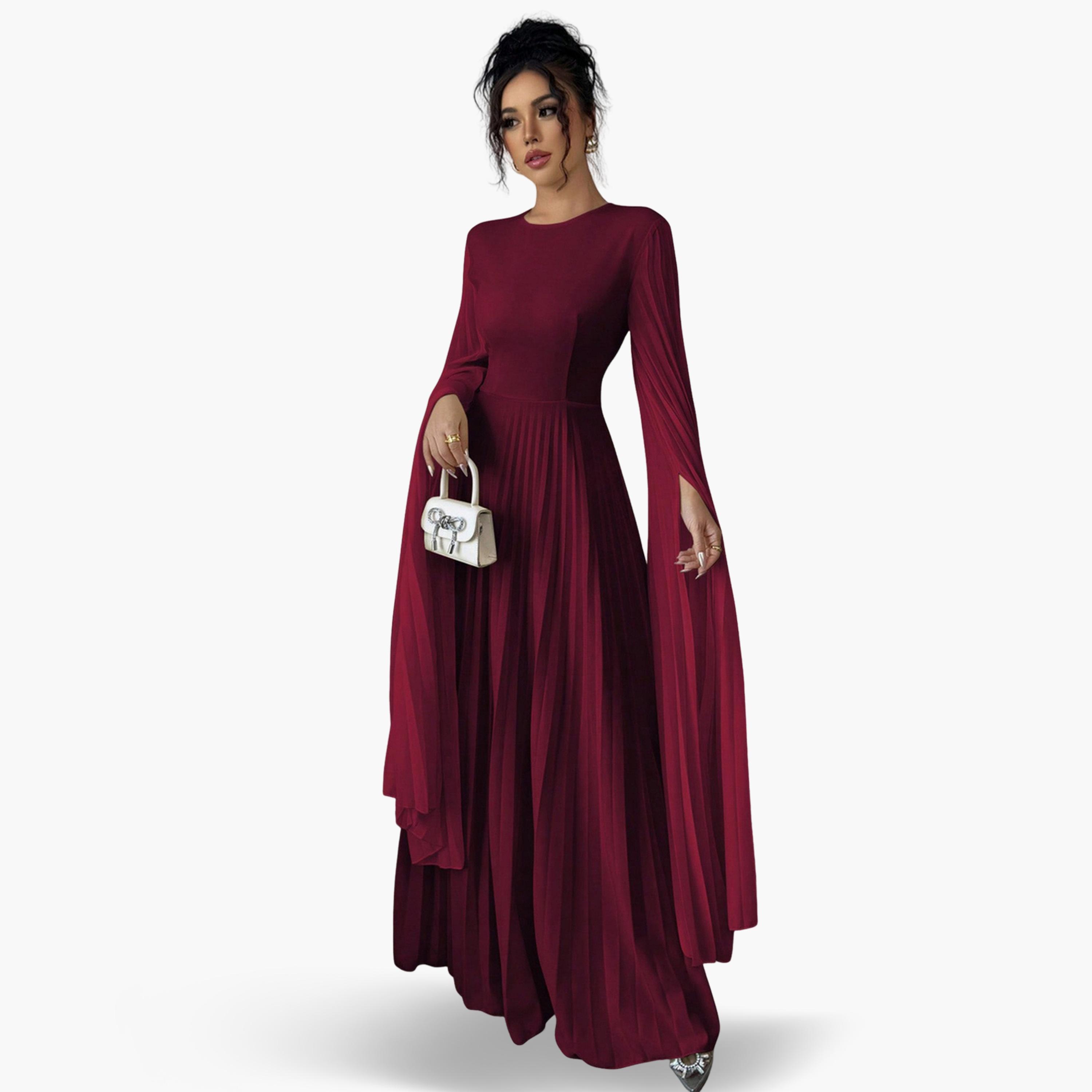 تيك تو - فستان متوسط الطول مطوي لون برغندي للنساء-women-clothing-dresses-image-3