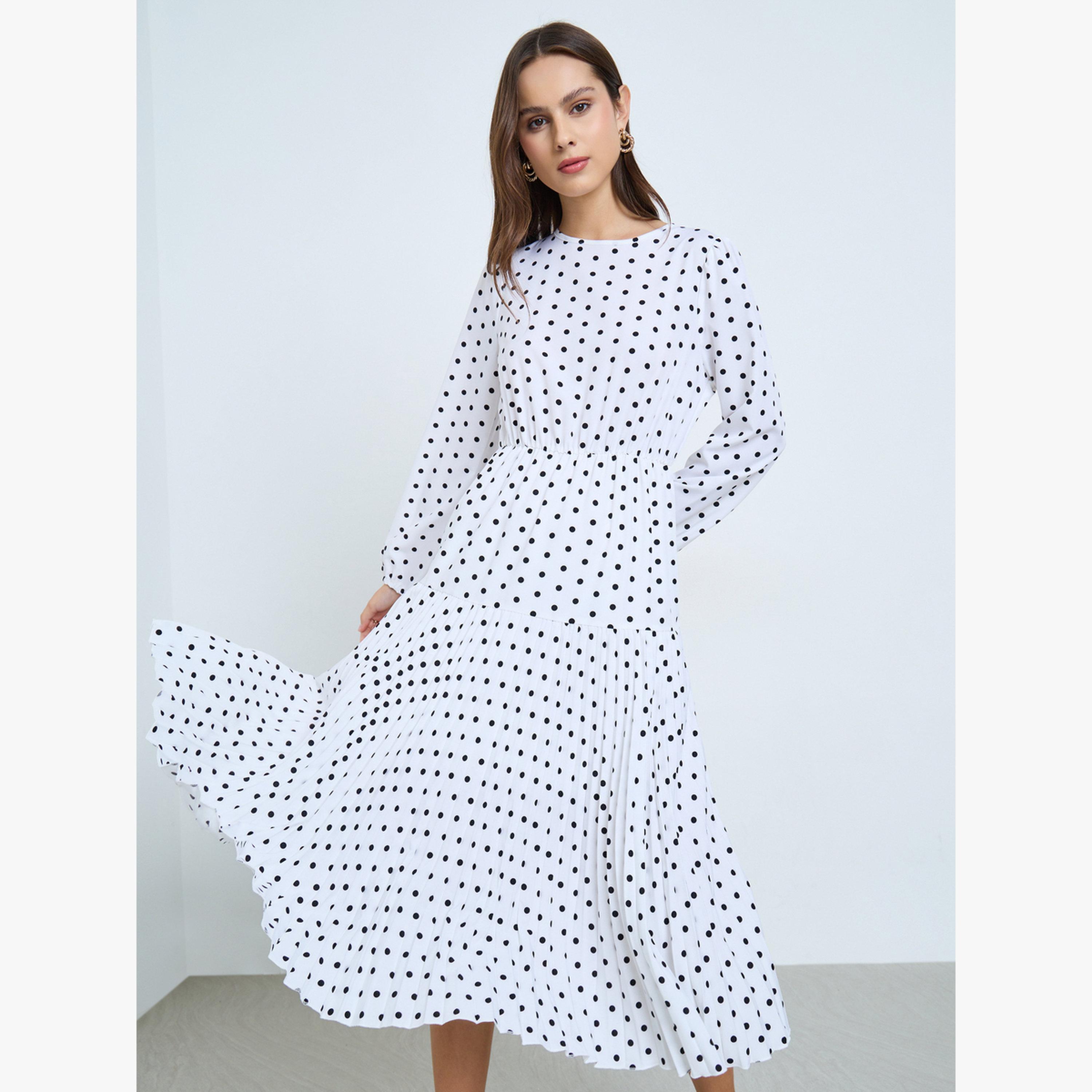 فستان ميدي منقط بكسرات وياقة دائرية-women-clothing-dresses-image-1