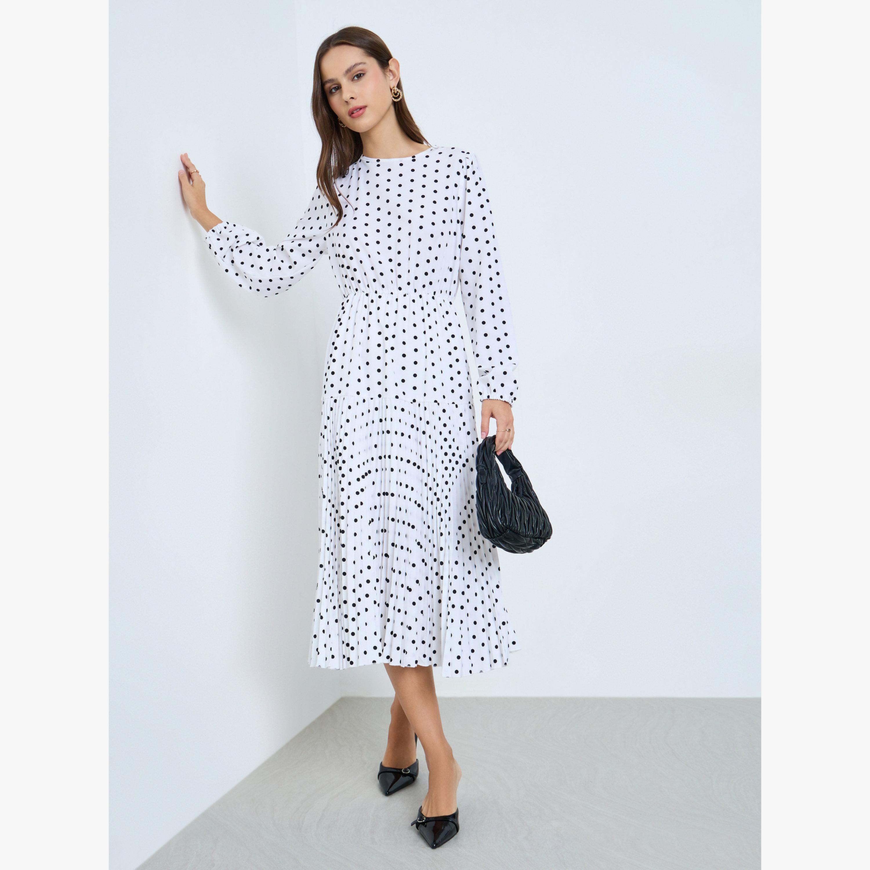 فستان ميدي منقط بكسرات وياقة دائرية-women-clothing-dresses-image-2