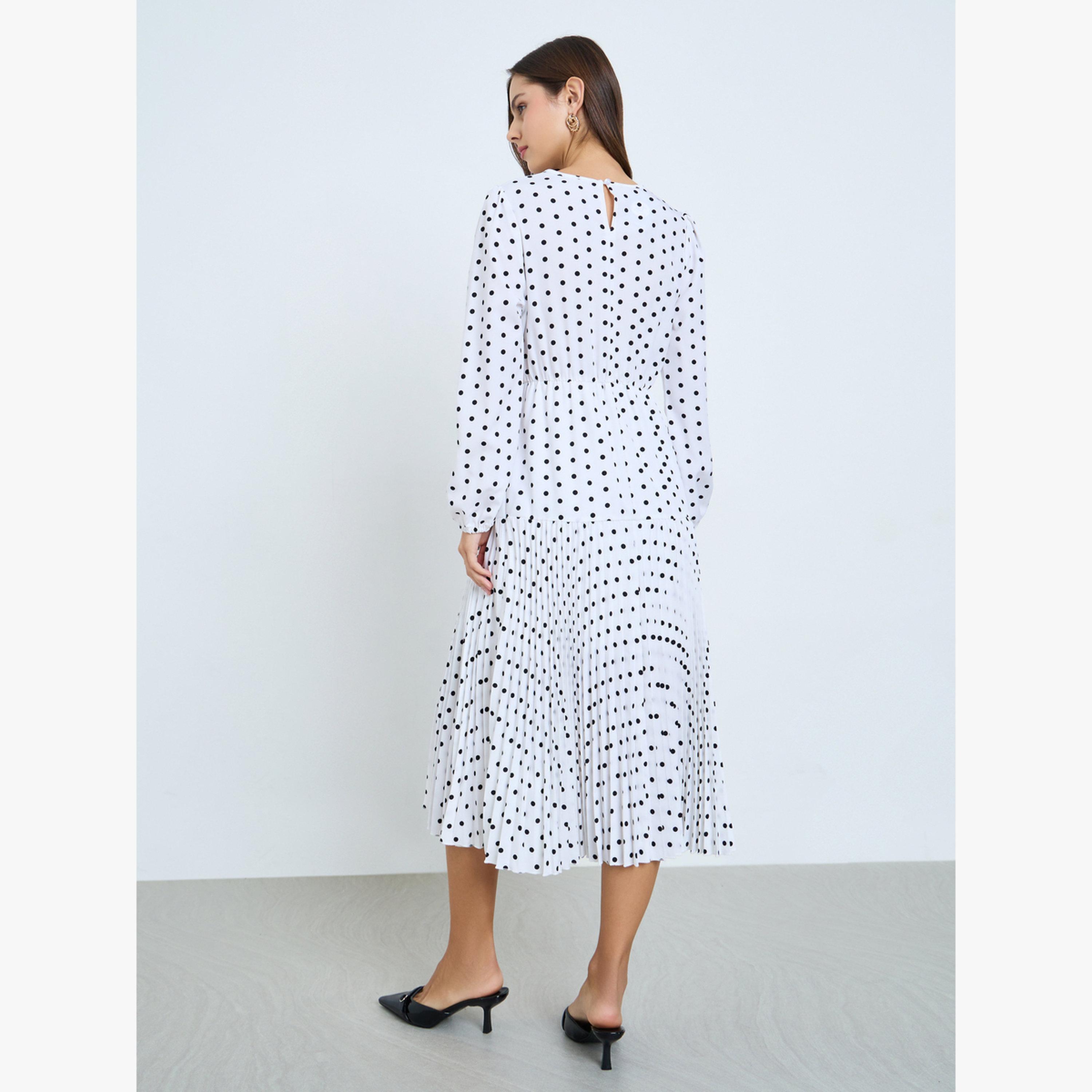 فستان ميدي منقط بكسرات وياقة دائرية-women-clothing-dresses-image-3
