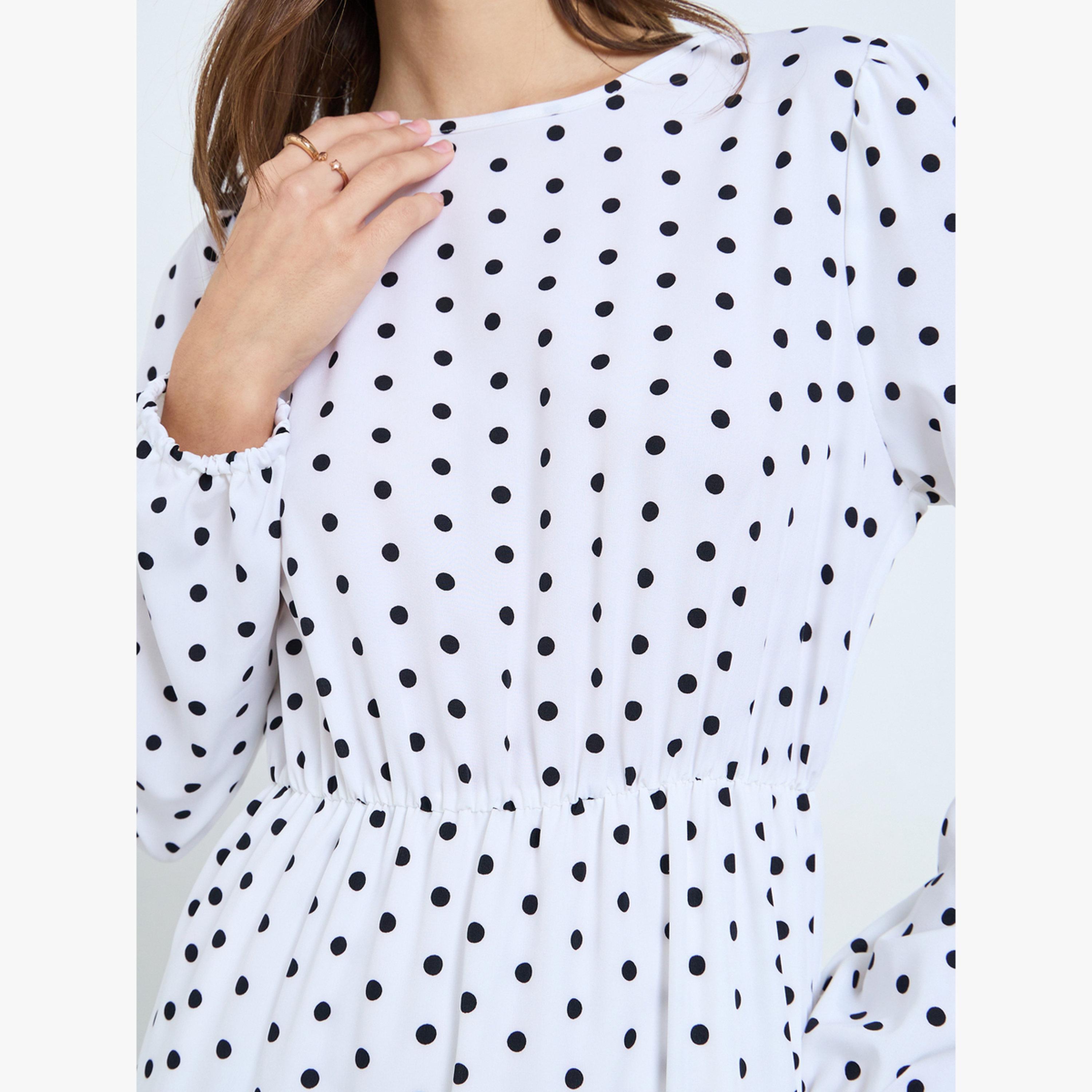 فستان ميدي منقط بكسرات وياقة دائرية-women-clothing-dresses-image-4