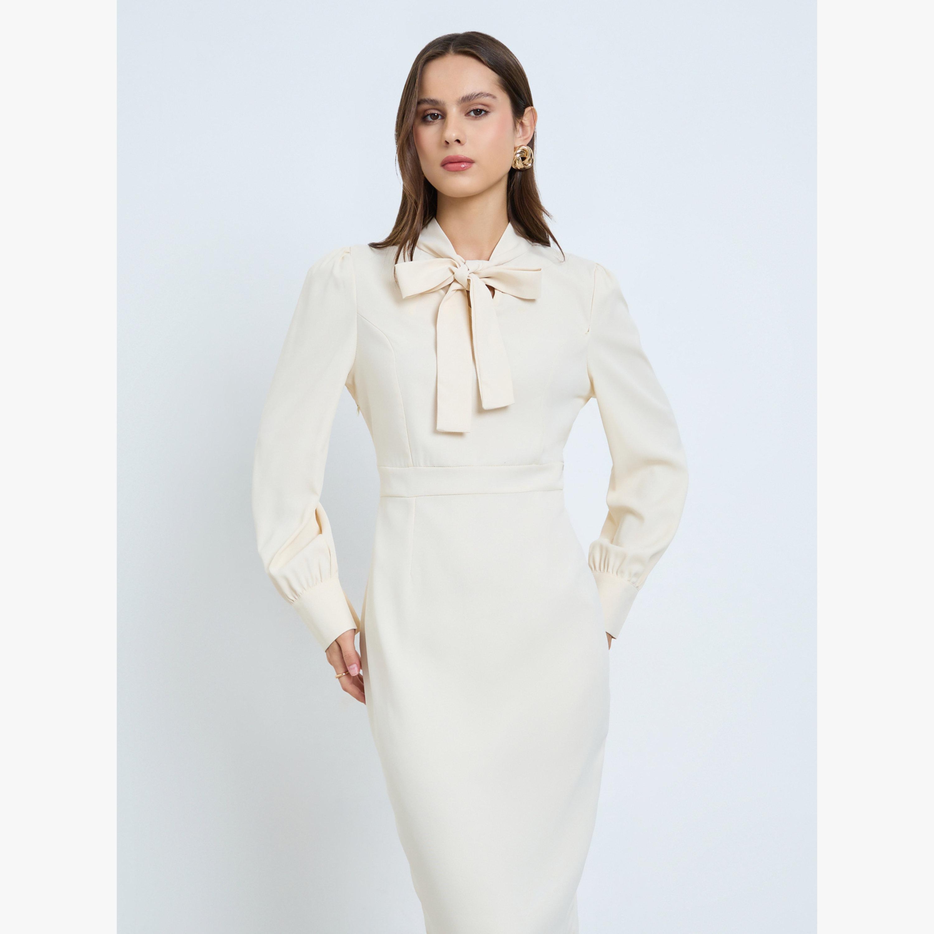 فستان ميدي سادة بربطة عنق وخصر ضيق-women-clothing-dresses-image-2