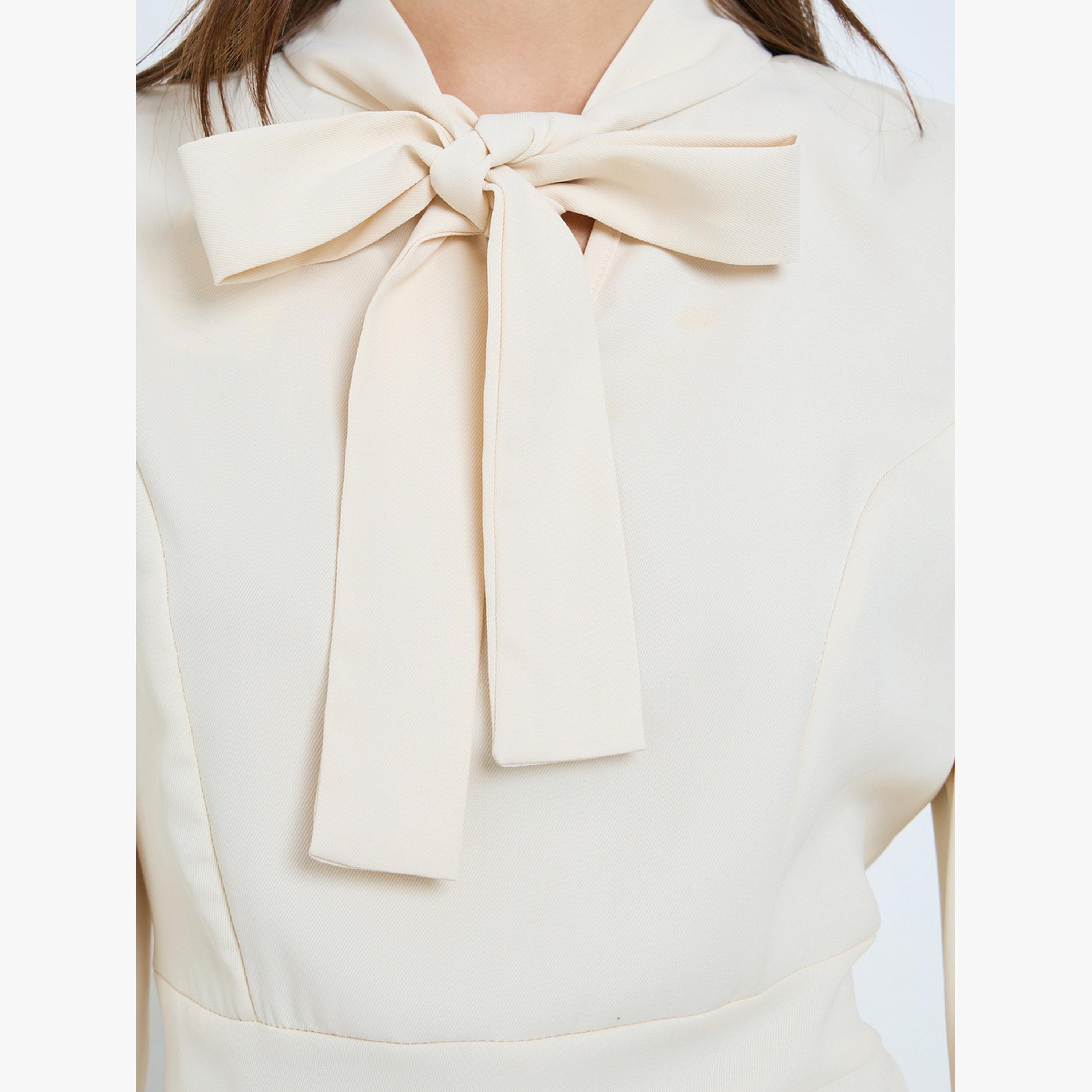 فستان ميدي سادة بربطة عنق وخصر ضيق-women-clothing-dresses-image-3