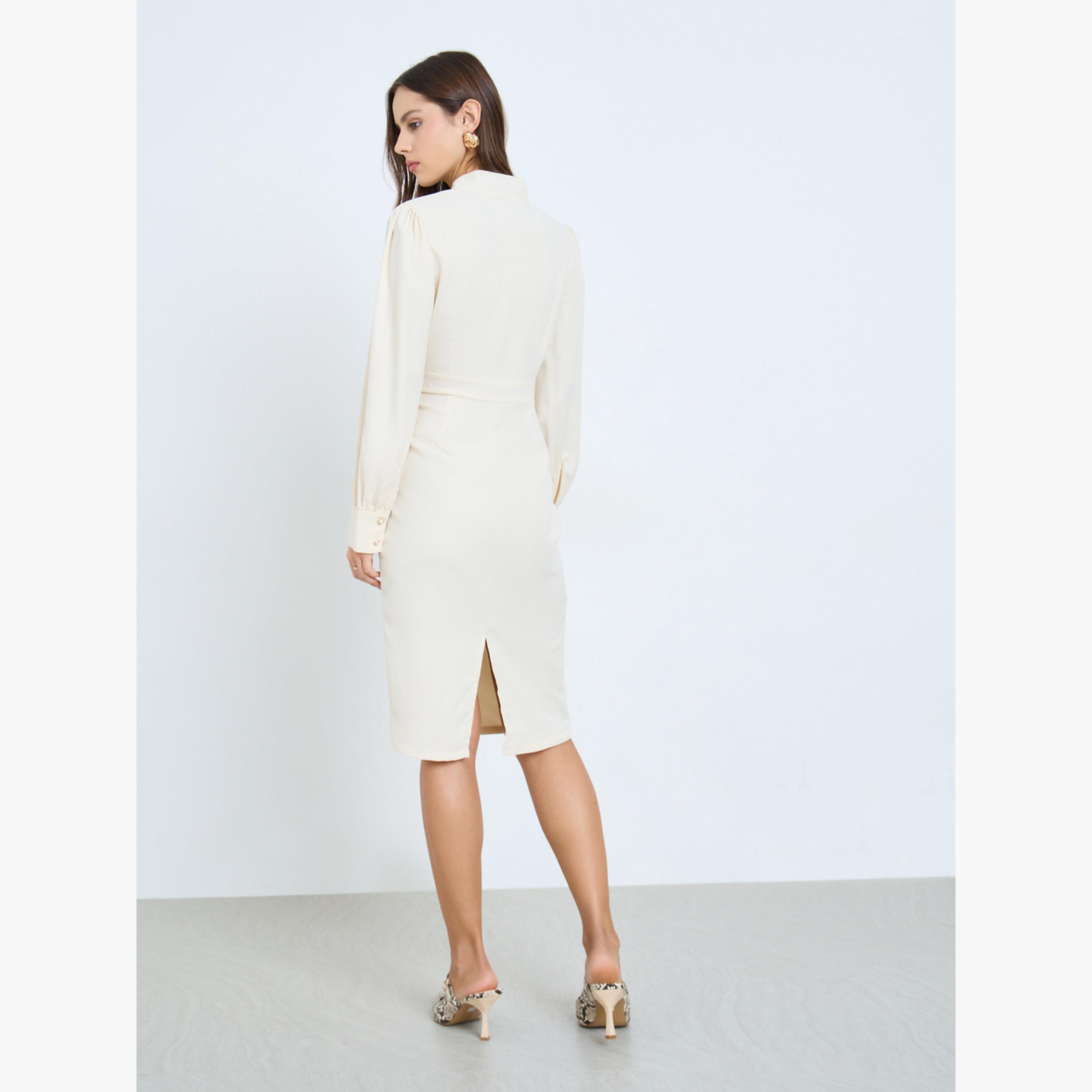 فستان ميدي سادة بربطة عنق وخصر ضيق-women-clothing-dresses-image-4