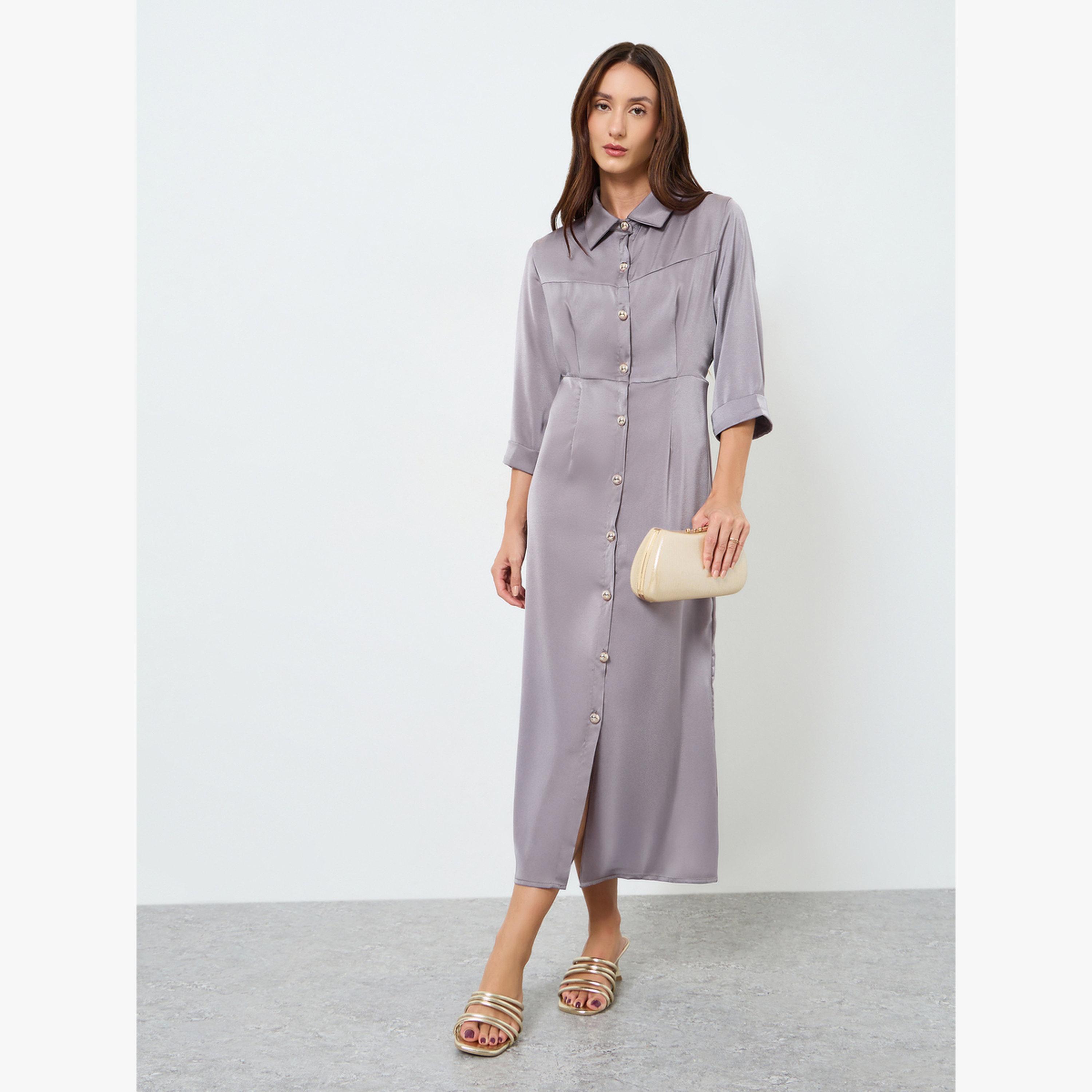 Take Two Women Grey Button Front Midi Shirt Dress-women-clothing-dresses-image-1