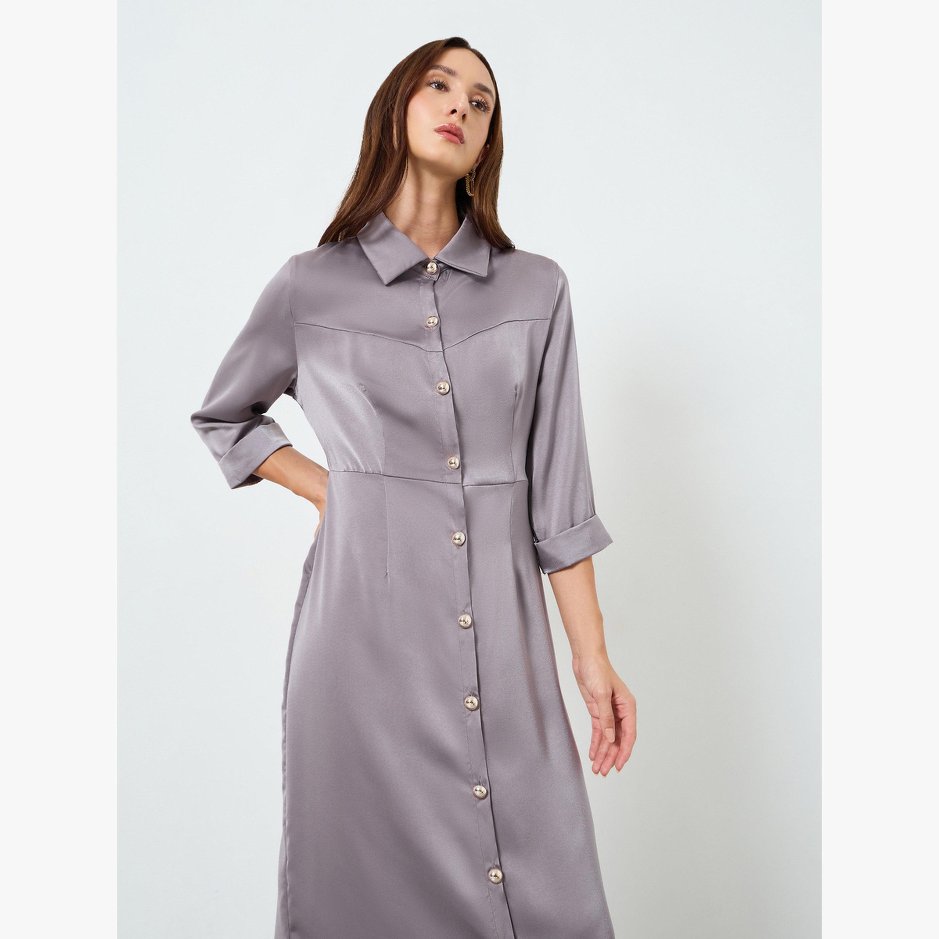 Take Two Women Grey Button Front Midi Shirt Dress-women-clothing-dresses-image-2