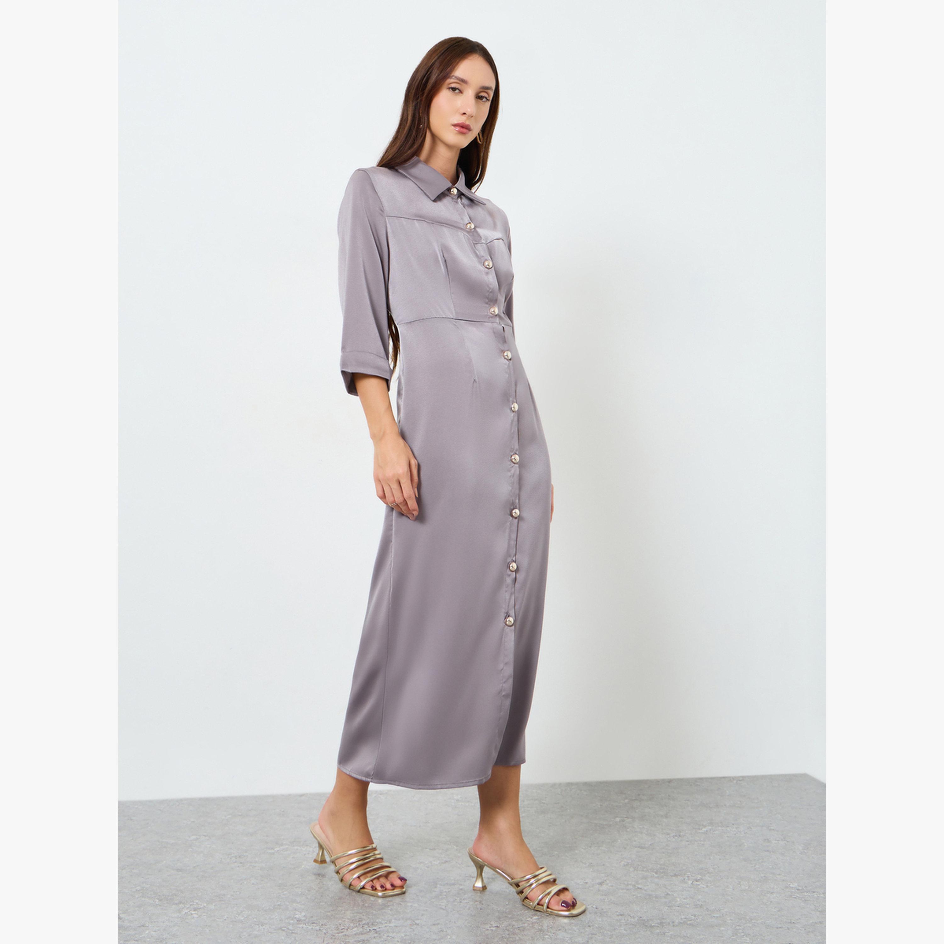Take Two Women Grey Button Front Midi Shirt Dress-women-clothing-dresses-image-3
