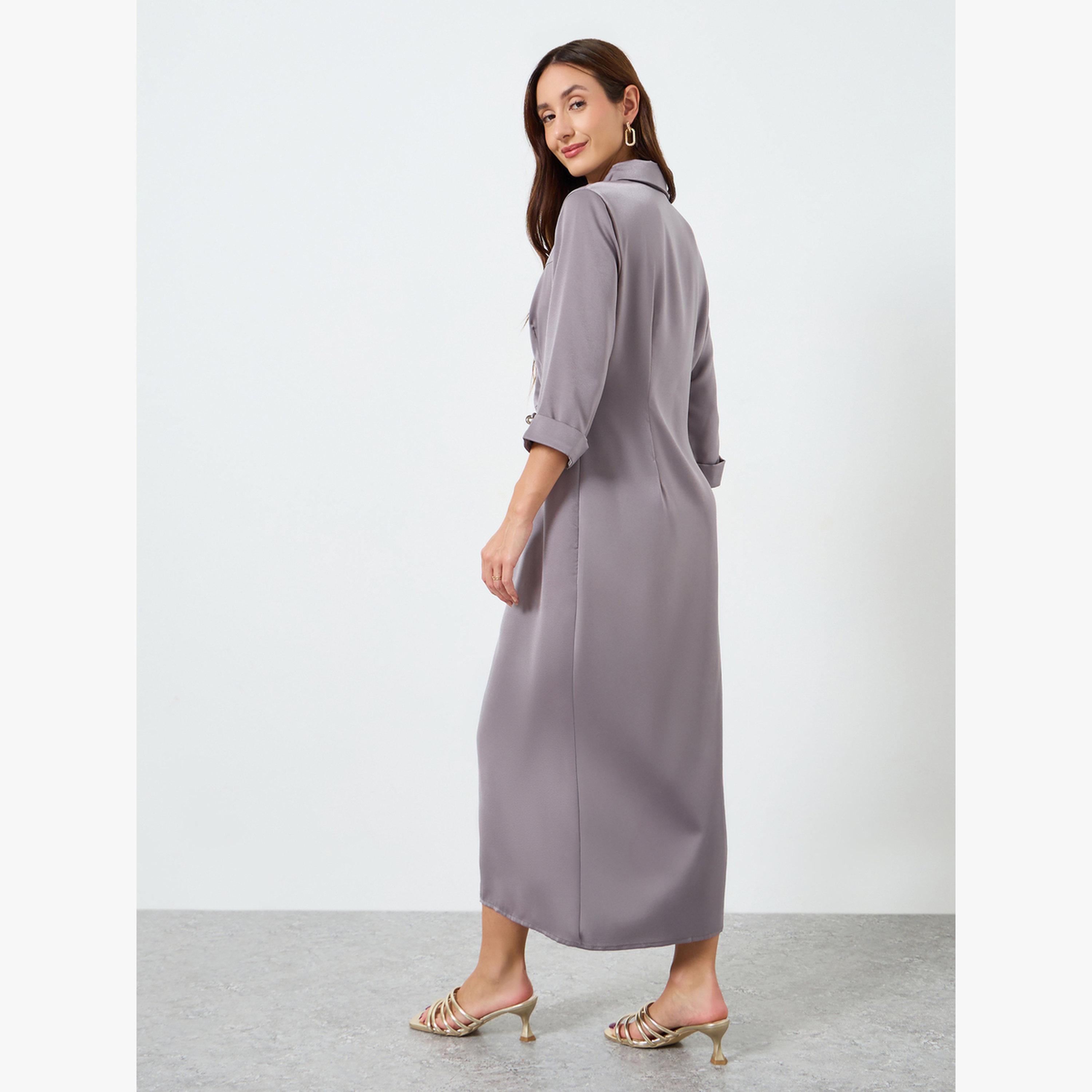 Take Two Women Grey Button Front Midi Shirt Dress-women-clothing-dresses-image-4