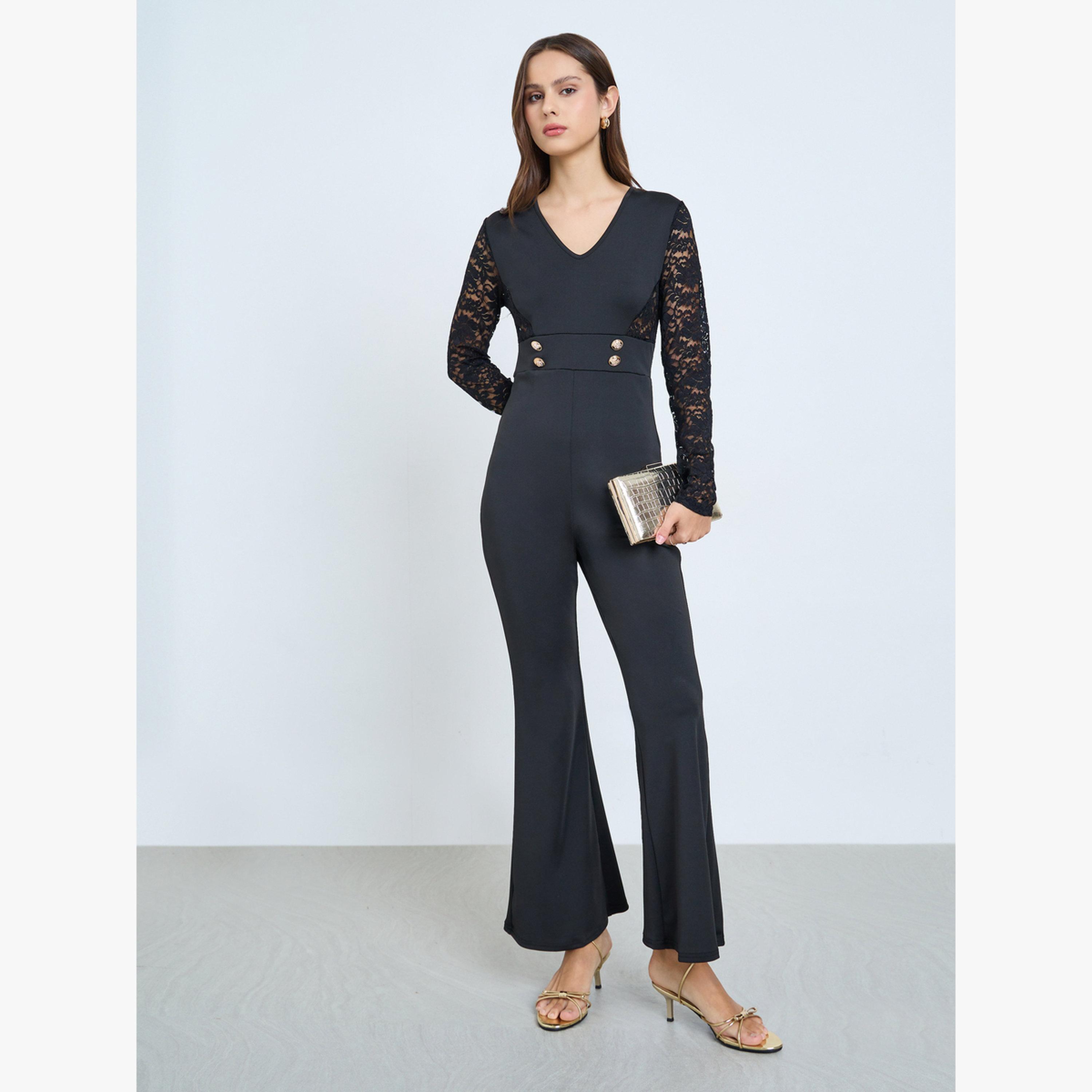 Take Two Black Lace Sleeve Flared Jumpsuit-women-clothing-jumpsuits-image-1