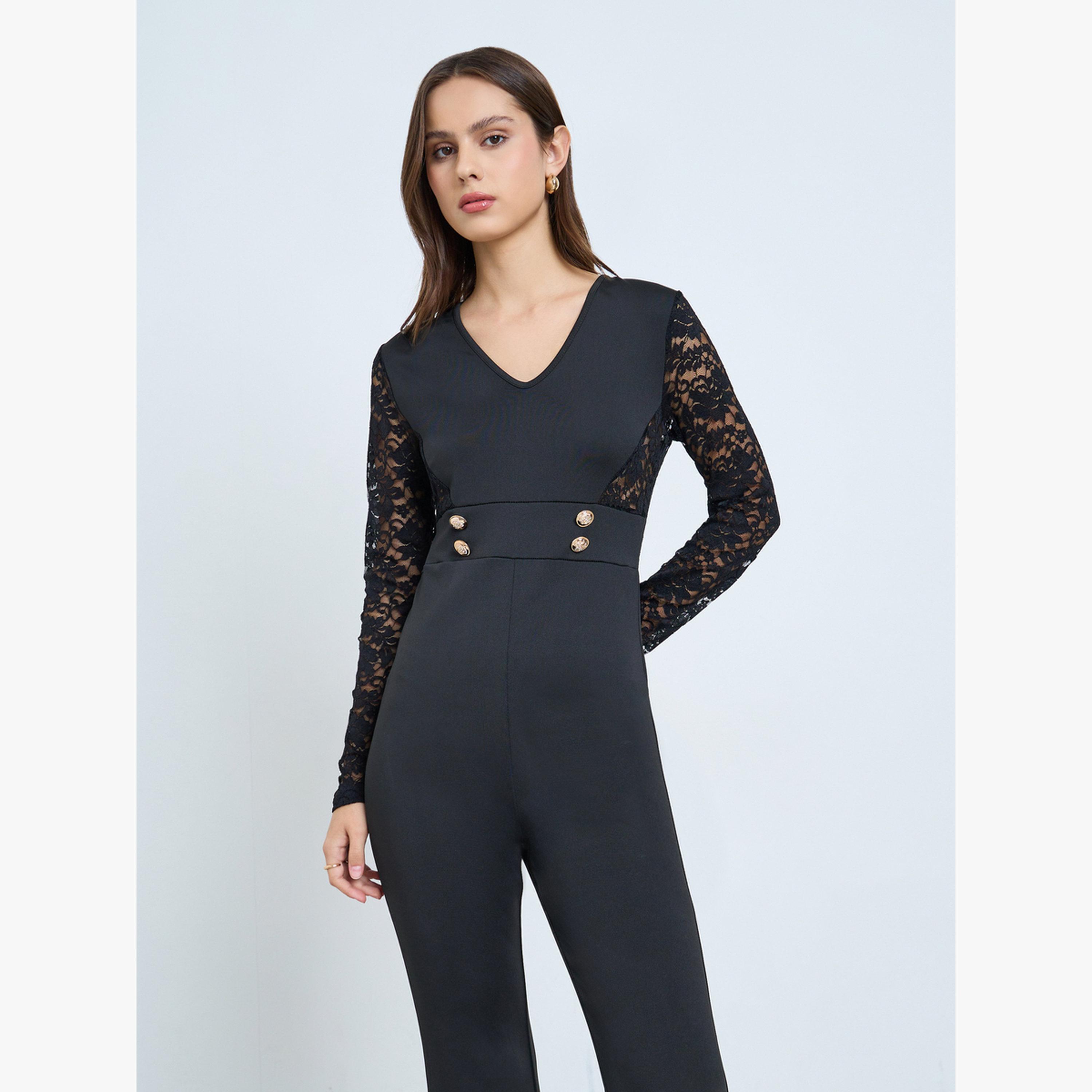 Take Two Black Lace Sleeve Flared Jumpsuit-women-clothing-jumpsuits-image-2