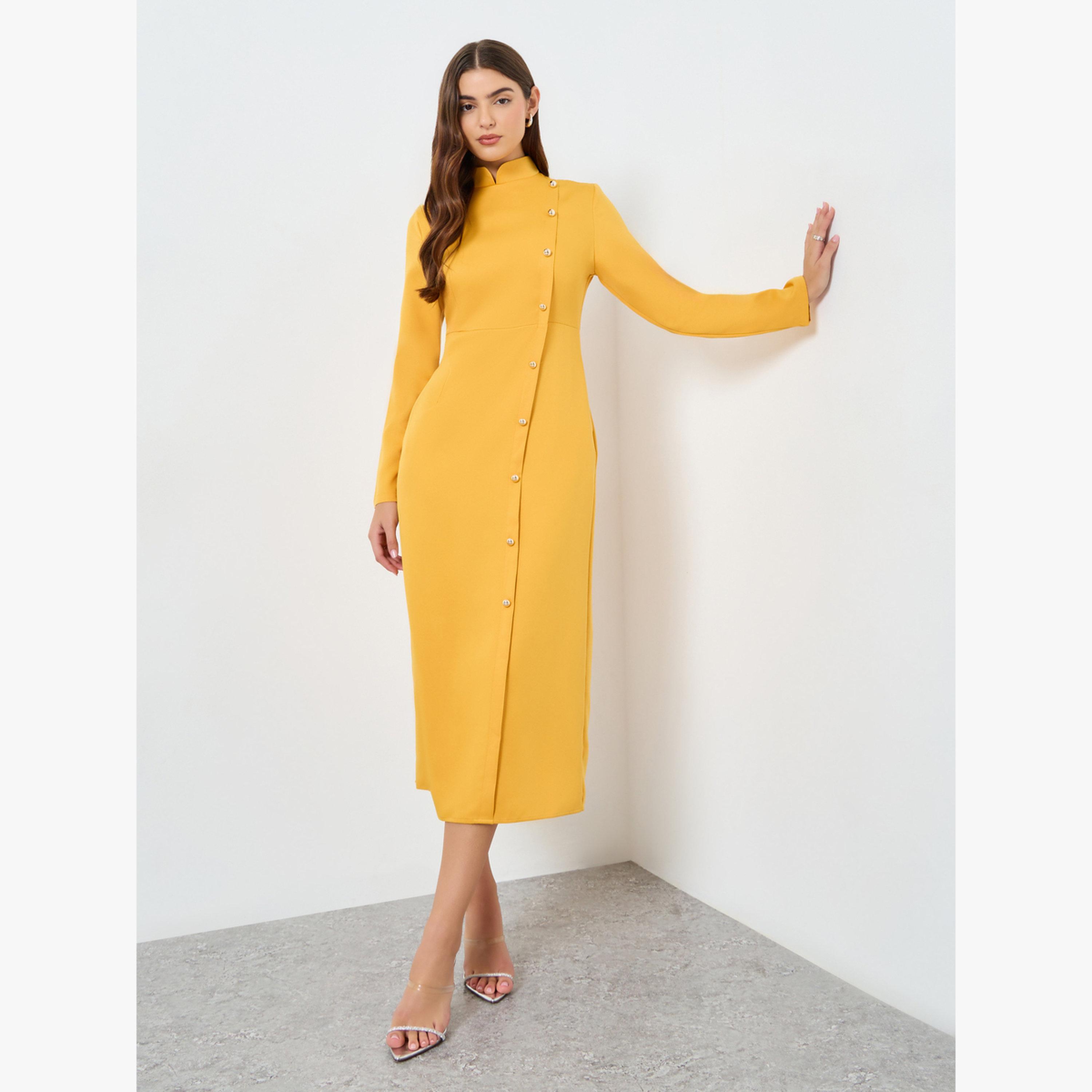 Take Two Solid Stand-Up Collar Button Detail Midi Dress-women-clothing-dresses-image-1