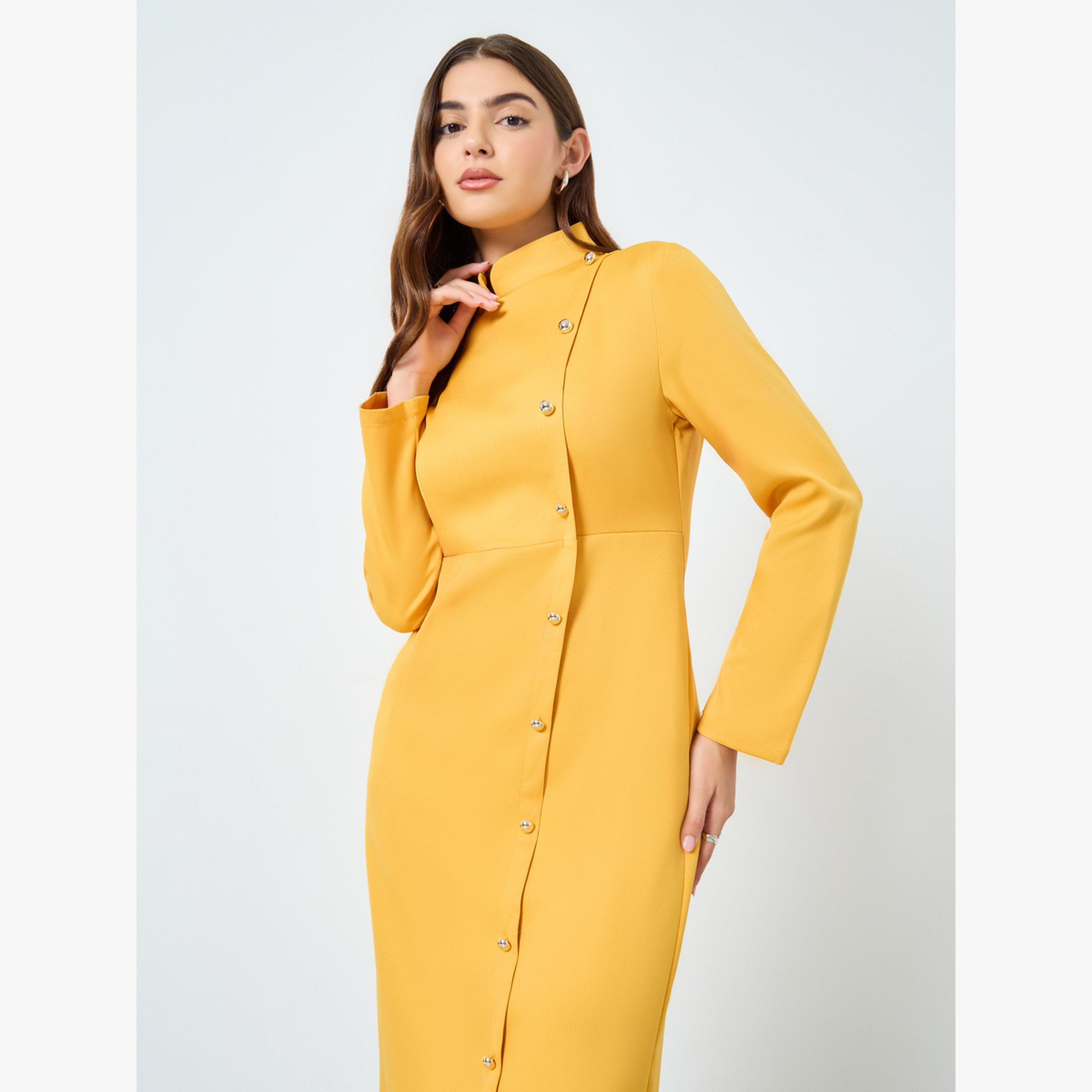 Take Two Solid Stand-Up Collar Button Detail Midi Dress-women-clothing-dresses-image-2