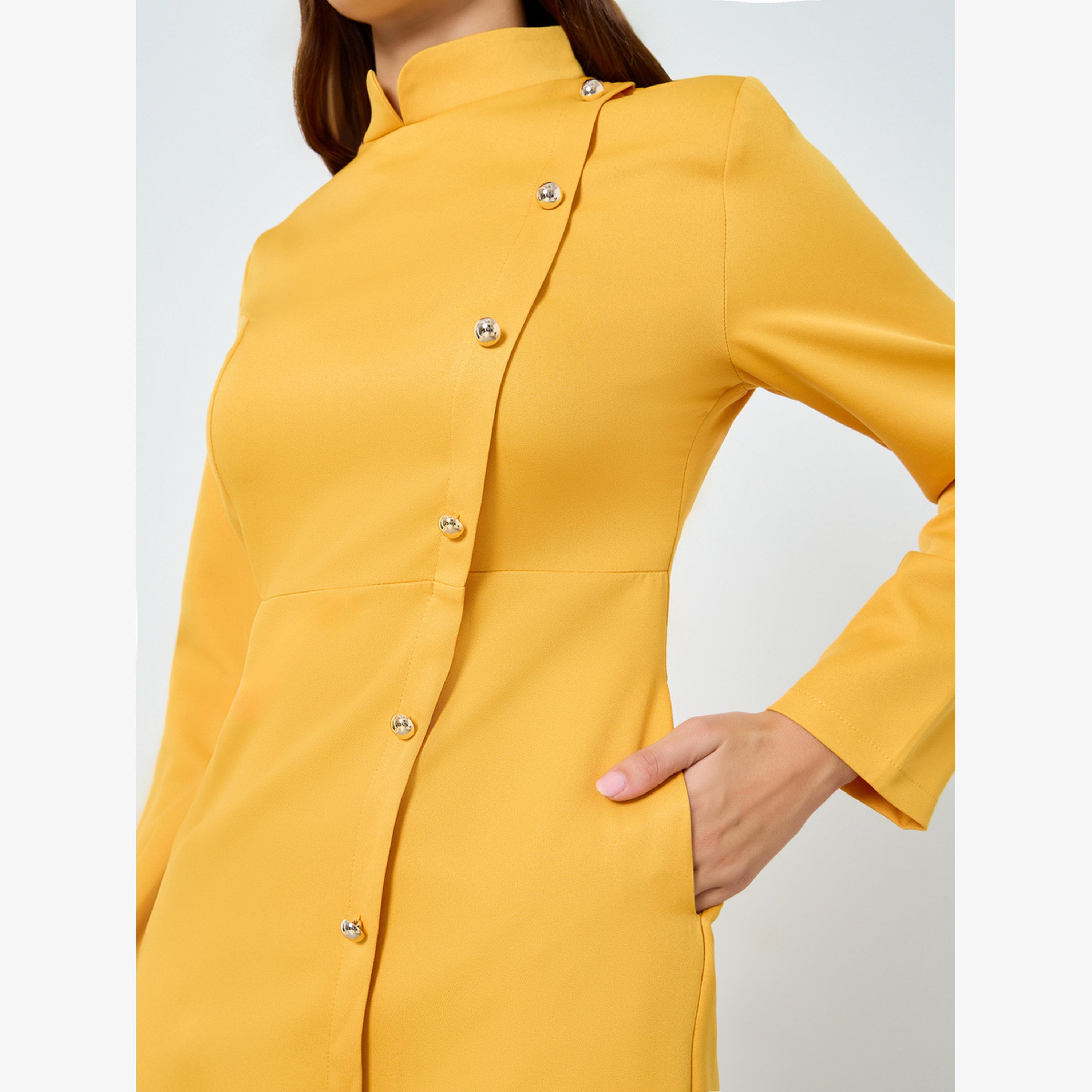 Take Two Solid Stand-Up Collar Button Detail Midi Dress-women-clothing-dresses-image-4
