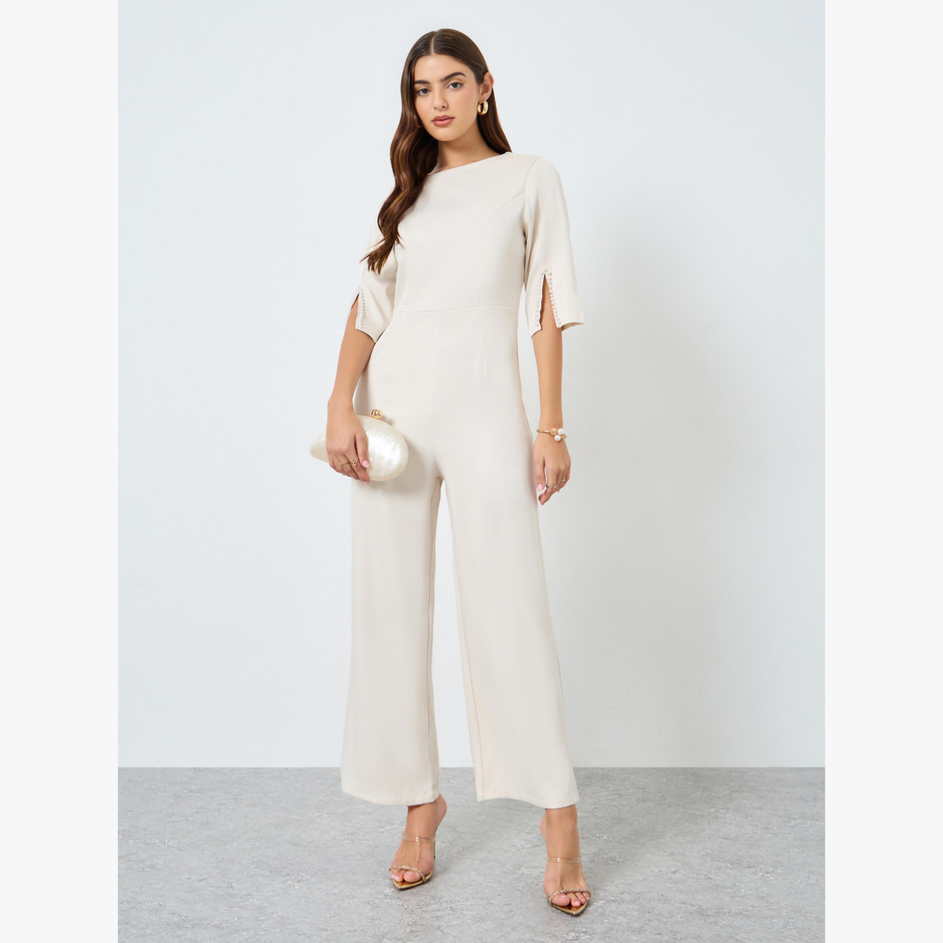 جمبسوت سادة بأكمام مفتوحة وخصر ضيق-women-clothing-jumpsuits-image-1