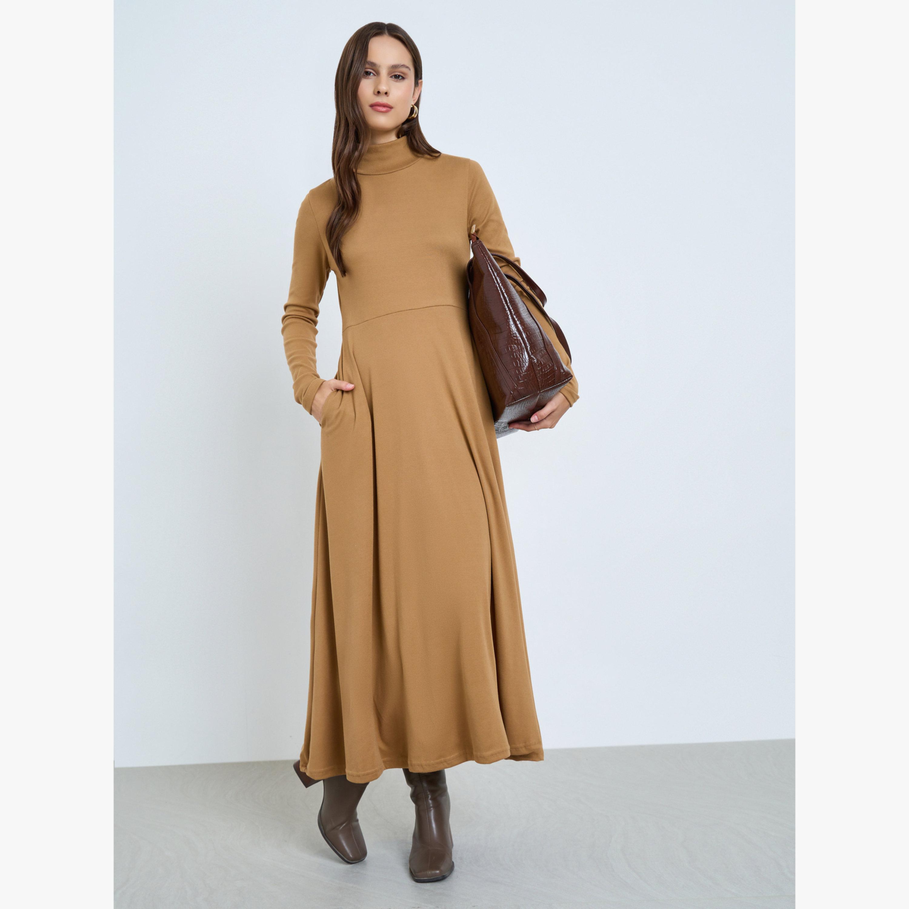 فستان ميدي بيج بحافة واسعة وياقة عالية-women-clothing-dresses-image-1