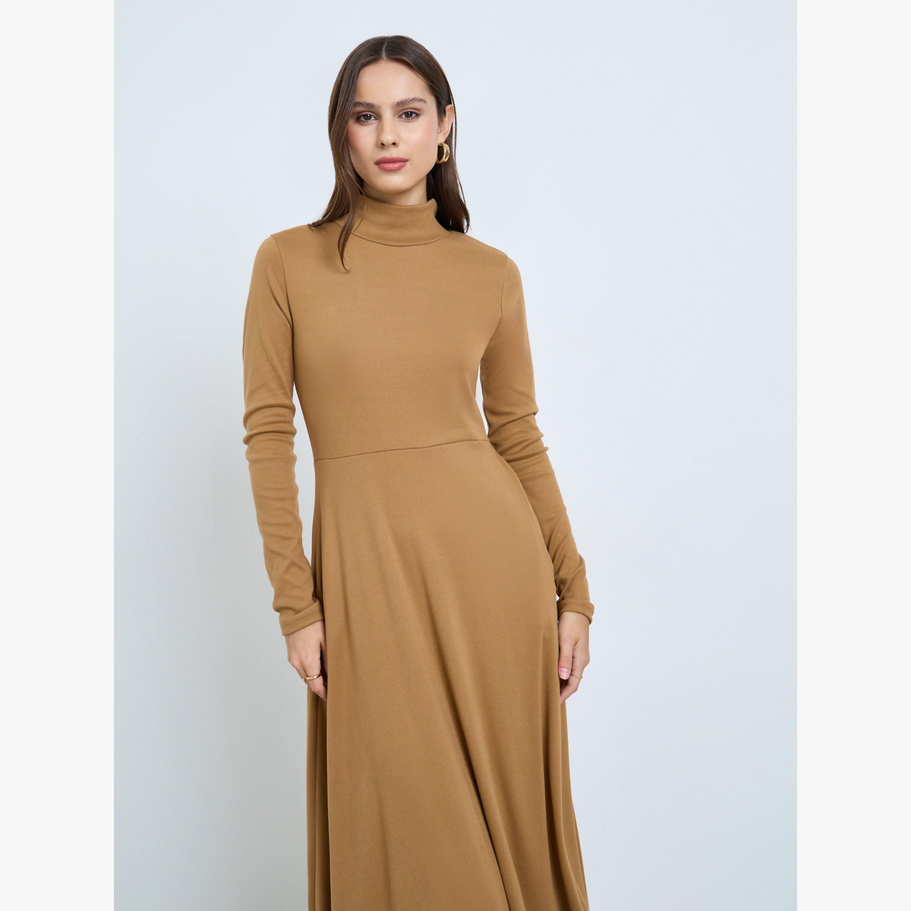 فستان ميدي بيج بحافة واسعة وياقة عالية-women-clothing-dresses-image-2